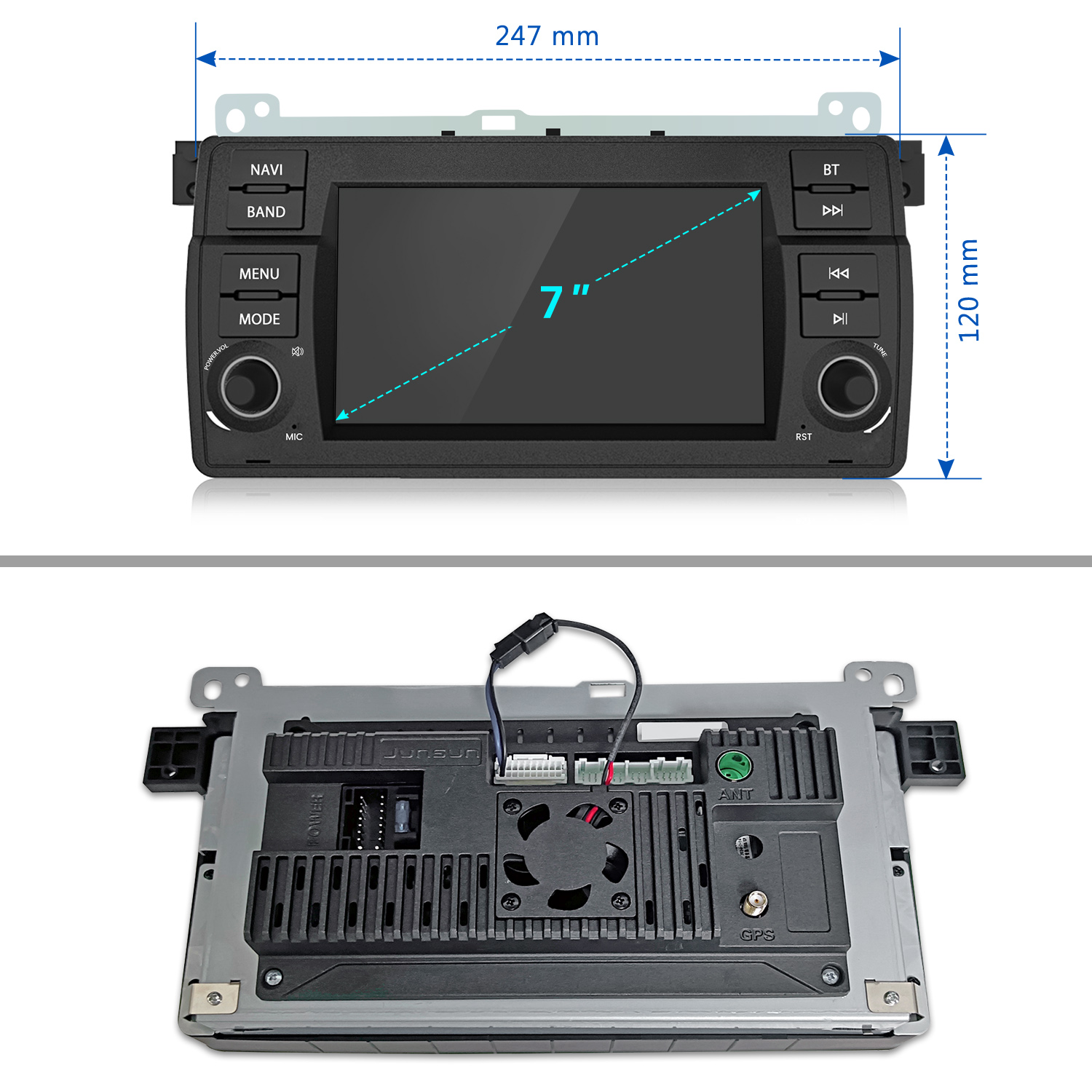 Autorradio con pantalla de 7 pulgadas, botones y dimensiones. Vista trasera muestra componentes internos y GPS.