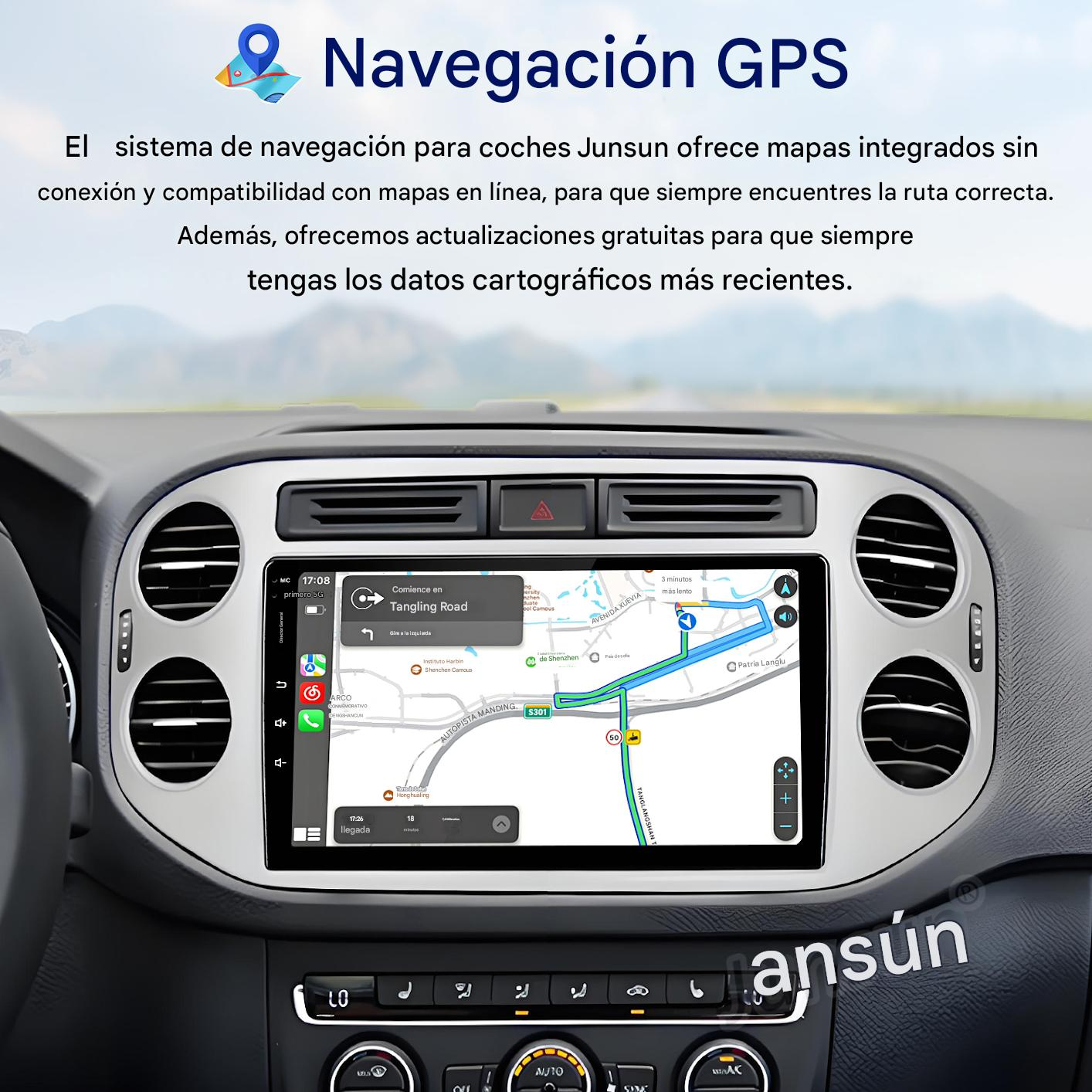 Panel de coche con pantalla de navegación GPS, mapa y guía de ruta, rodeado de componentes interiores del coche.