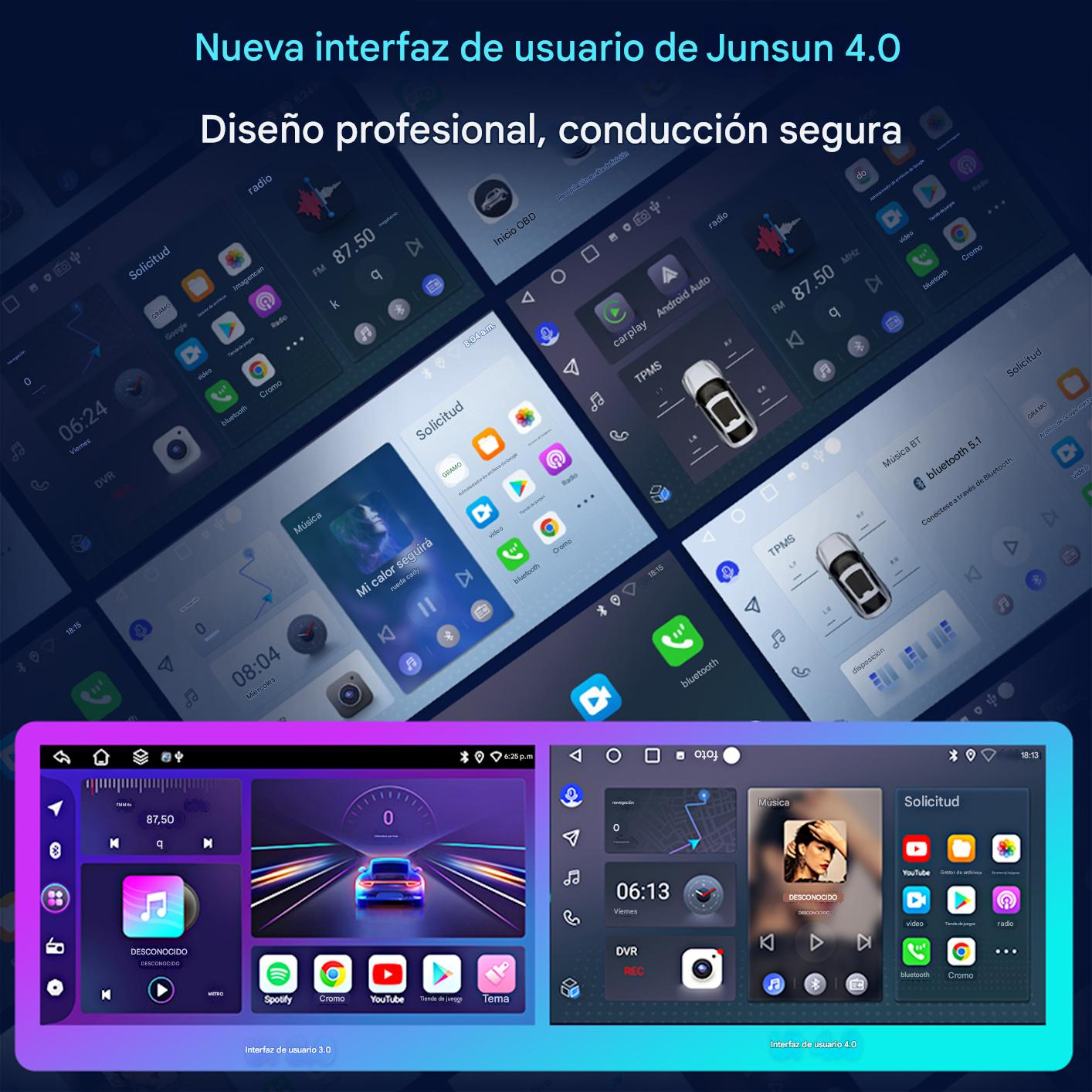 Interfaz de radio de coche con múltiples pantallas que muestran aplicaciones, radio y estado del coche. La interfaz es colorida.