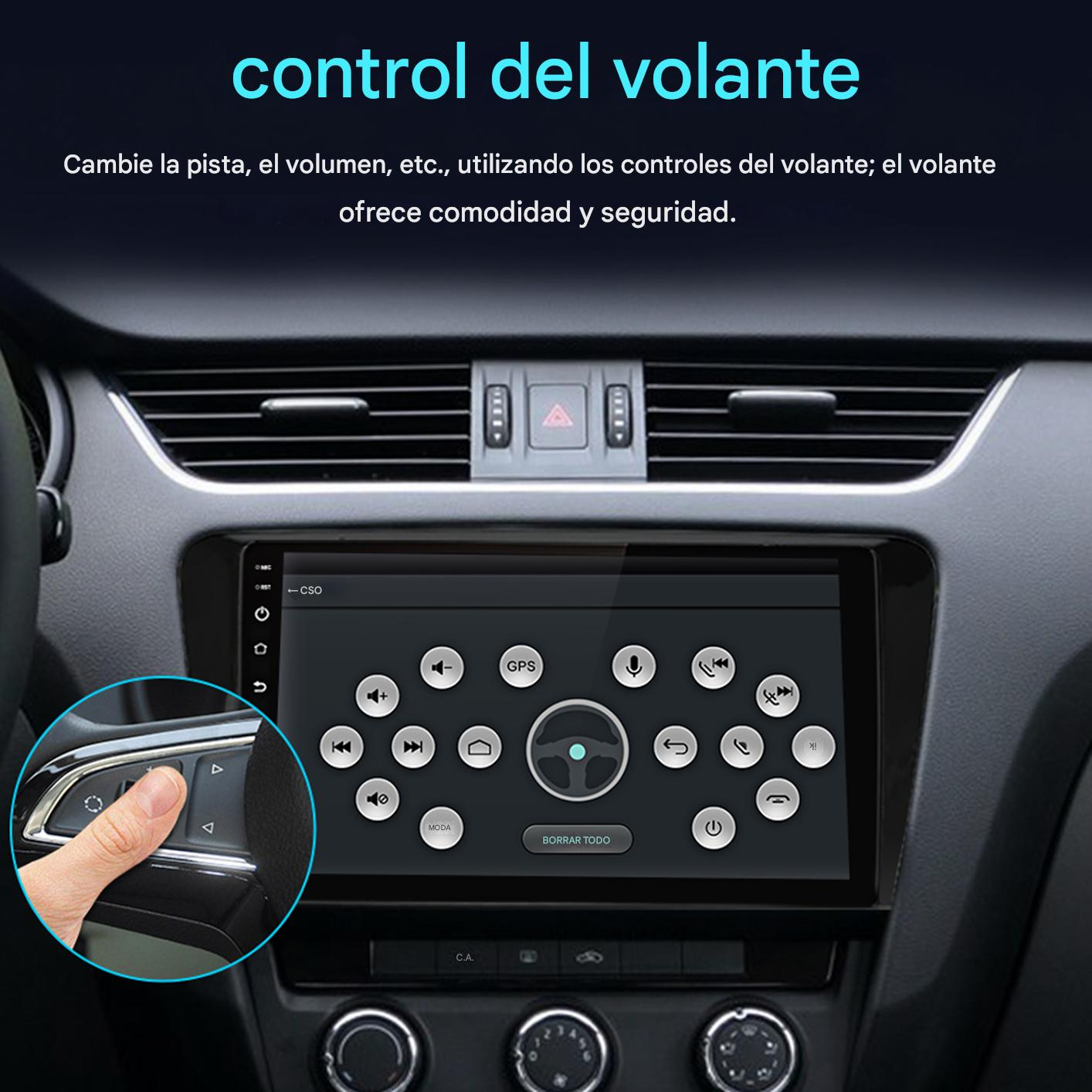 Panel de coche con pantalla táctil. Una mano presiona un botón en el volante. Controla el volumen, las pistas, etc.