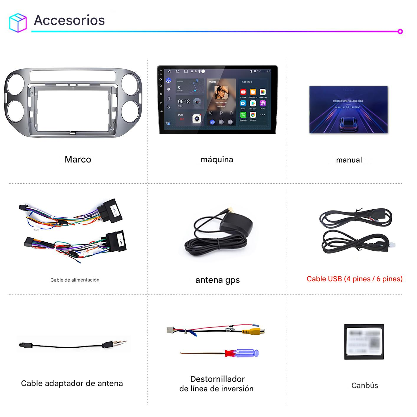 La imagen muestra accesorios para automóviles: un marco, una pantalla de máquina, un manual, cables, antena, destornillador y un Canbus.