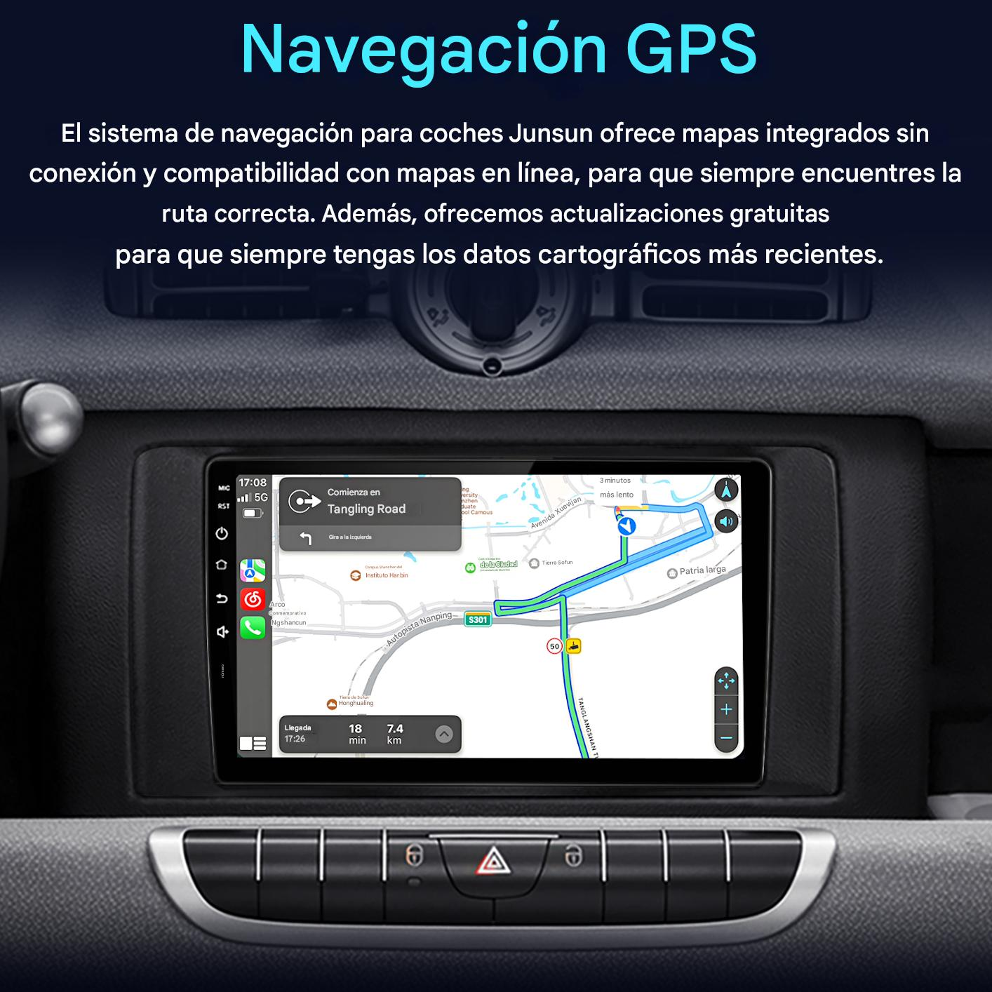La pantalla de navegación del coche muestra un mapa con indicaciones de ruta. La pantalla muestra la ubicación actual y los giros próximos.