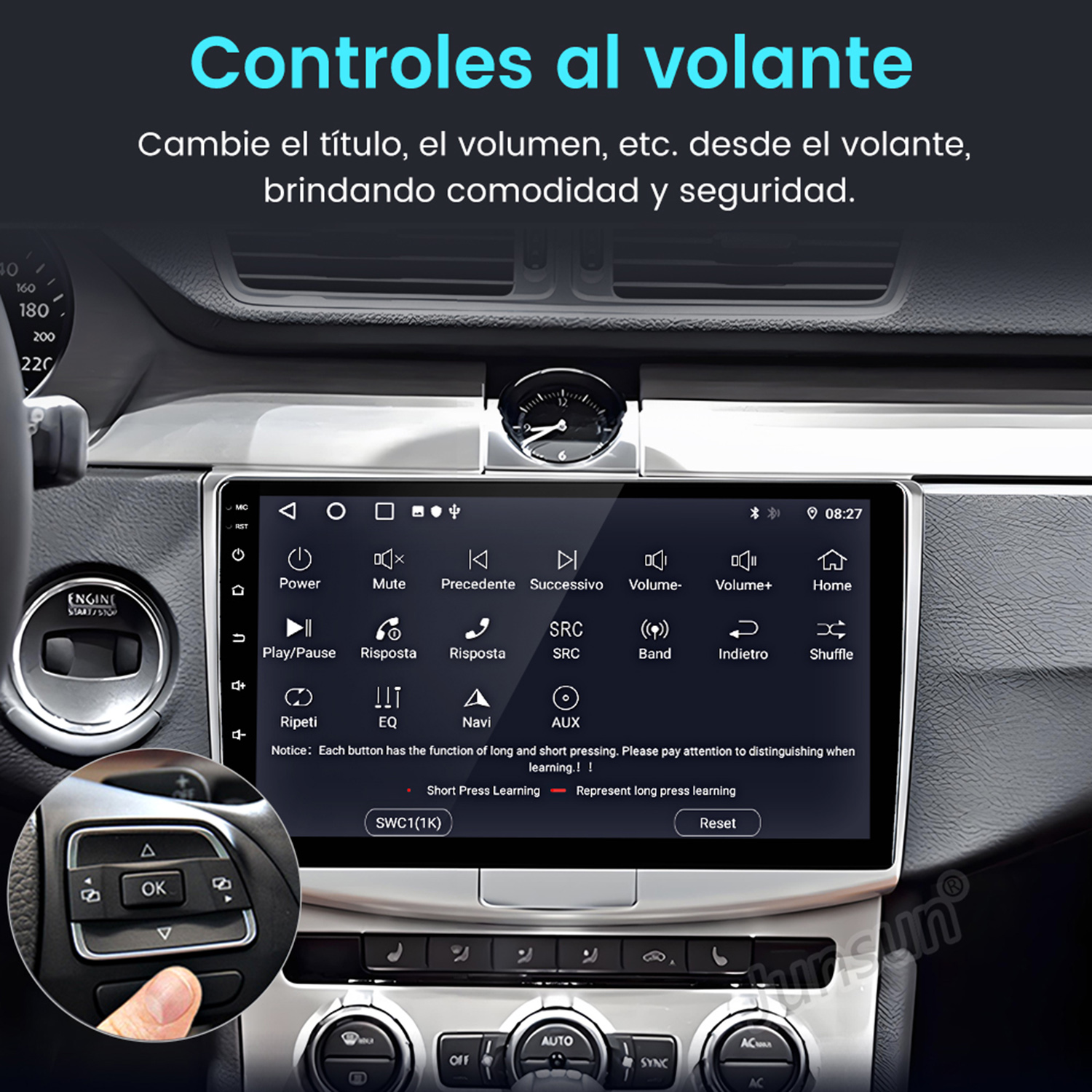 Panel del automóvil con pantalla que muestra controles, volante con botones y otros controles del automóvil.