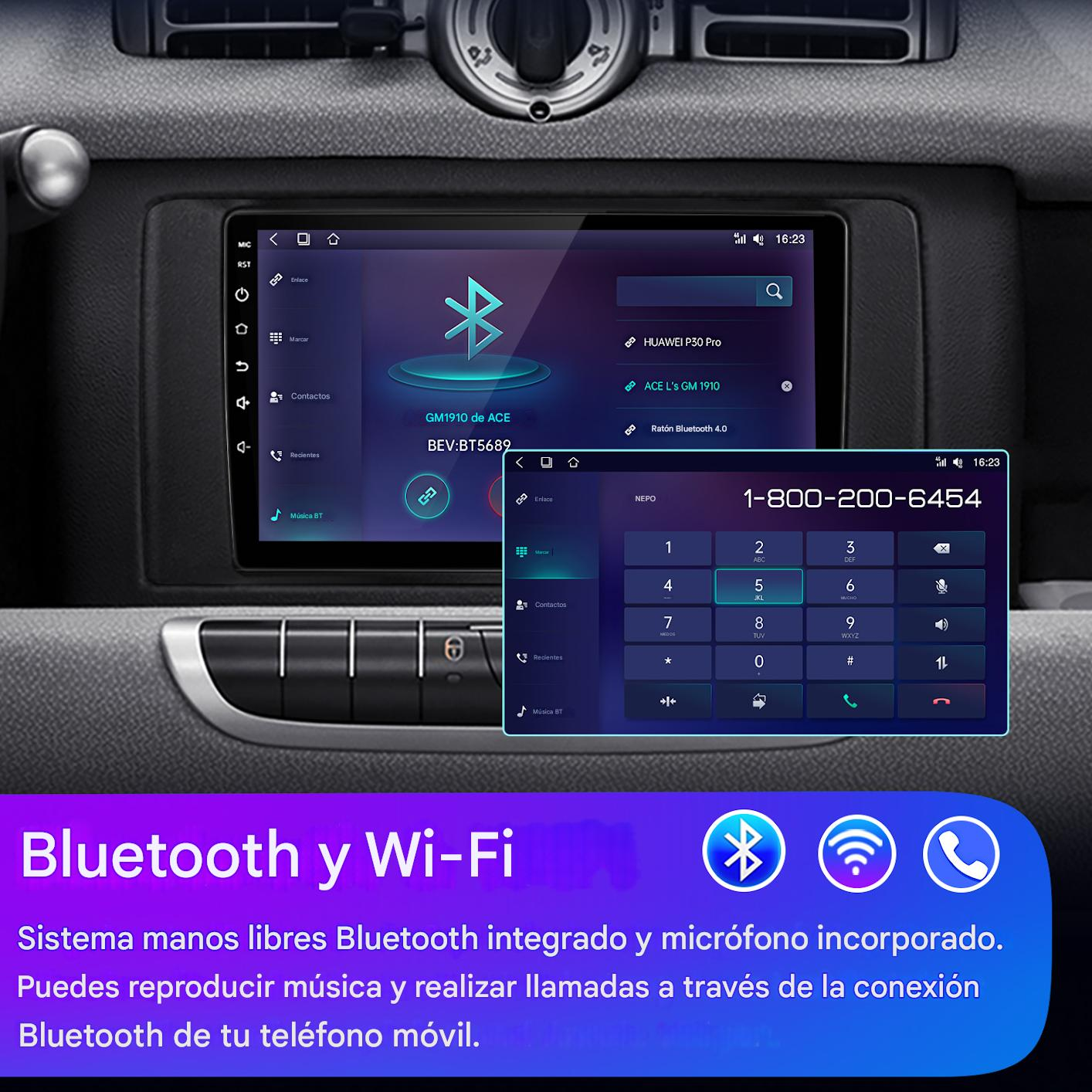 Pantalla del estéreo del coche con iconos de Bluetooth y Wi-Fi, mostrando un teclado telefónico y ajustes de Bluetooth.