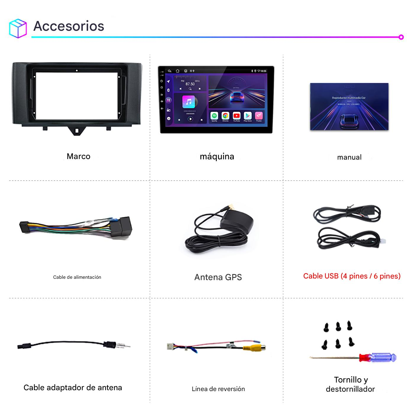 La imagen muestra accesorios para automóviles: un marco, una pantalla, un manual, cables, antena GPS, cable USB, cable adaptador, línea de marcha atrás, tornillos y destornillador.