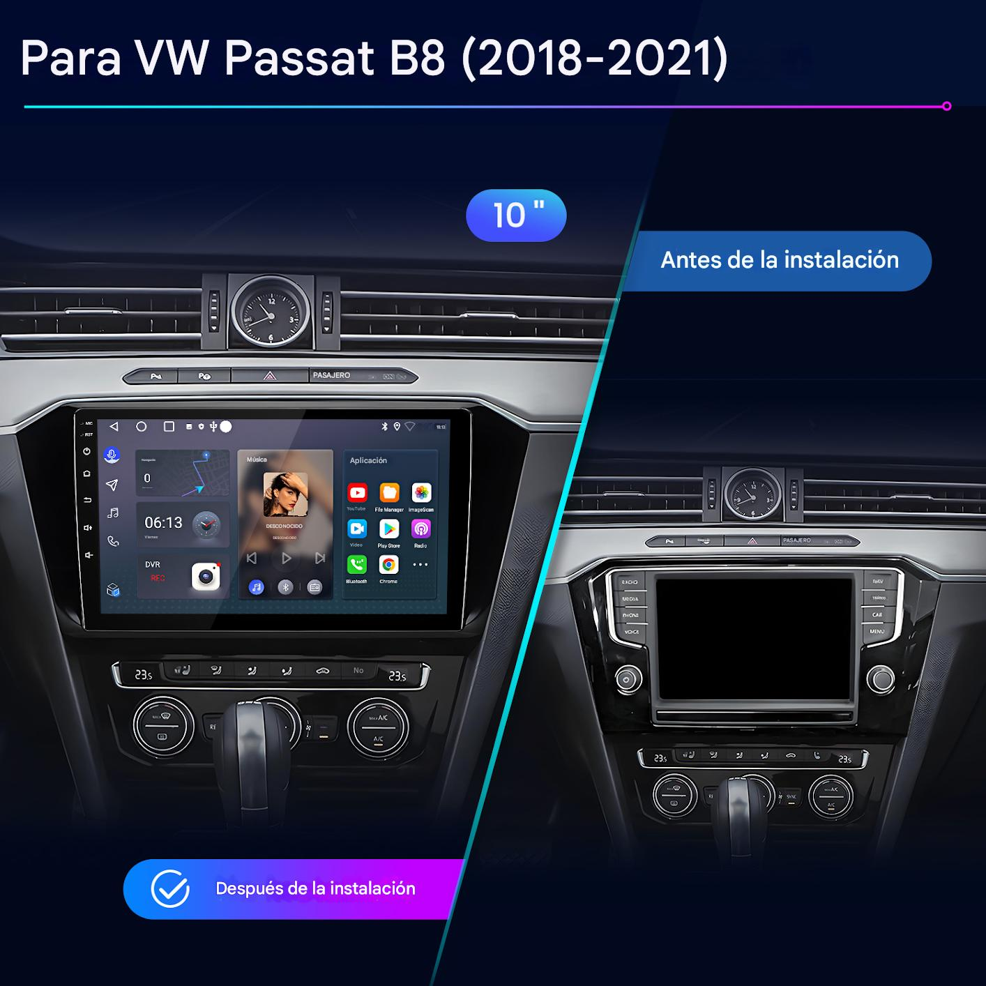 La imagen muestra el salpicadero de un coche antes y después de instalar una pantalla. La imagen del 'después' tiene una pantalla grande mostrando aplicaciones.