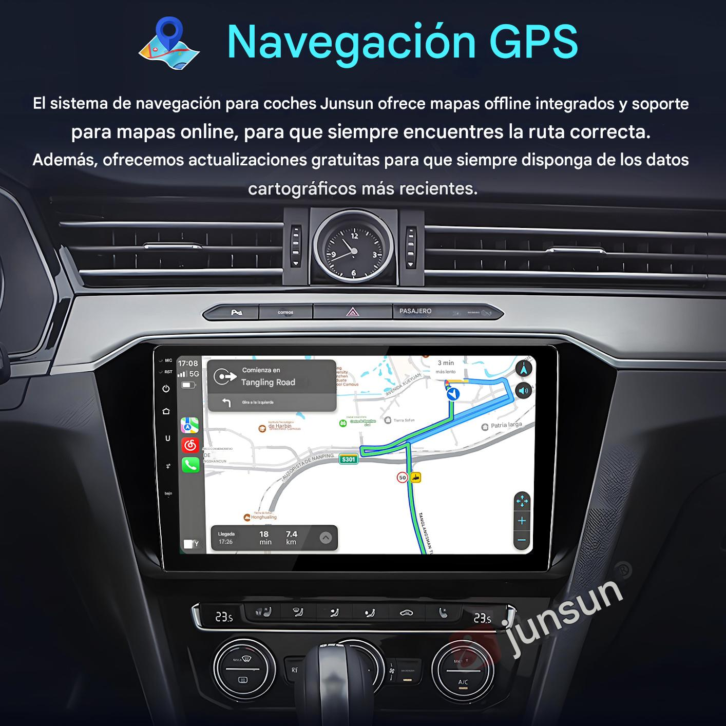 Panel de control del coche que muestra la navegación GPS. La pantalla muestra un mapa con indicaciones de ruta. El interior del coche es visible.
