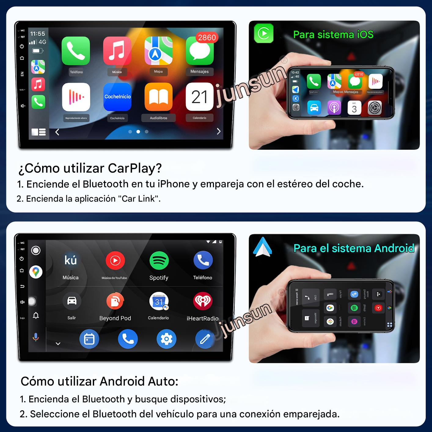La imagen muestra pantallas de infoentretenimiento de automóviles con instrucciones de iOS y Android e iconos de aplicaciones como música, mapas y teléfono.