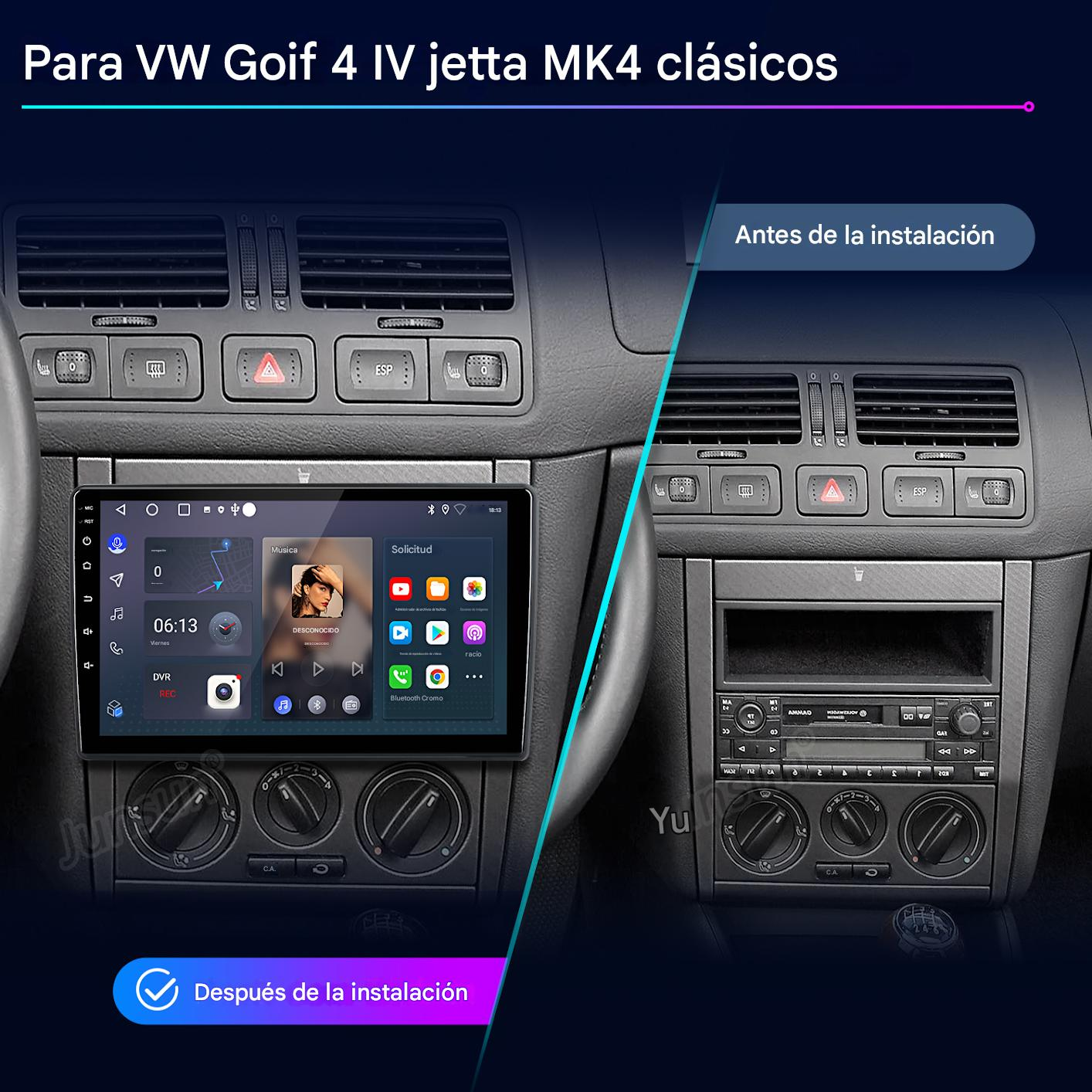 Comparación del salpicadero del coche: antes y después de instalar una nueva pantalla. La izquierda muestra la nueva pantalla, la derecha la antigua radio.