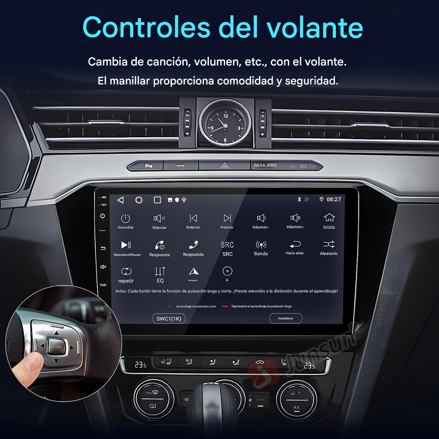 Interior del coche con controles del volante, un reloj y una pantalla central con iconos de funciones y ajustes de temperatura.