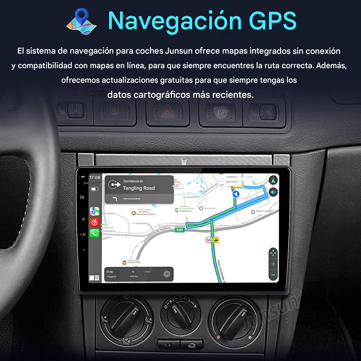 Panel del automóvil con pantalla GPS que muestra una ruta. La pantalla muestra un mapa, instrucciones de navegación y un destino.