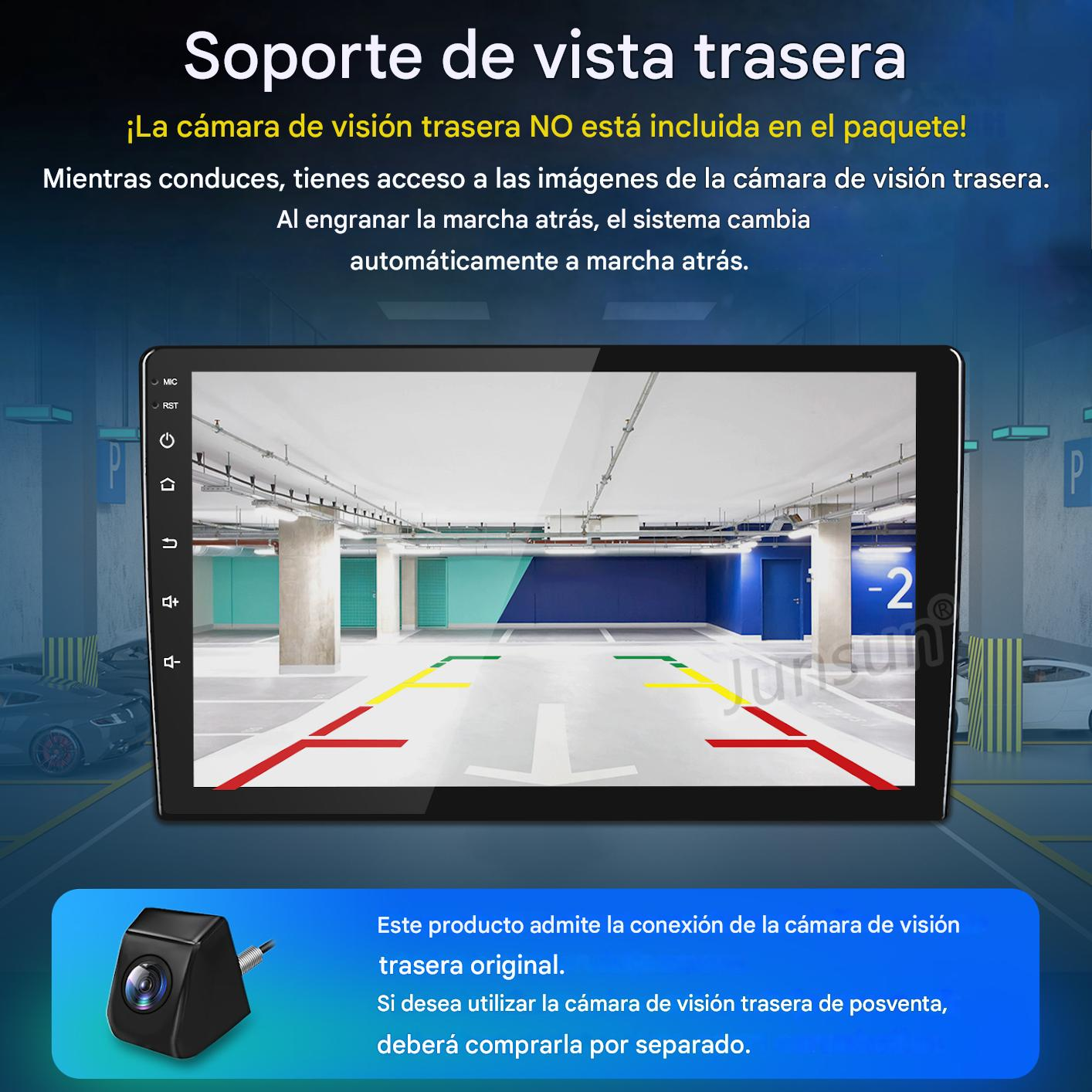 Una pantalla que muestra una vista del garaje con líneas. Se muestra una cámara abajo. Texto en español describe la función de la cámara.
