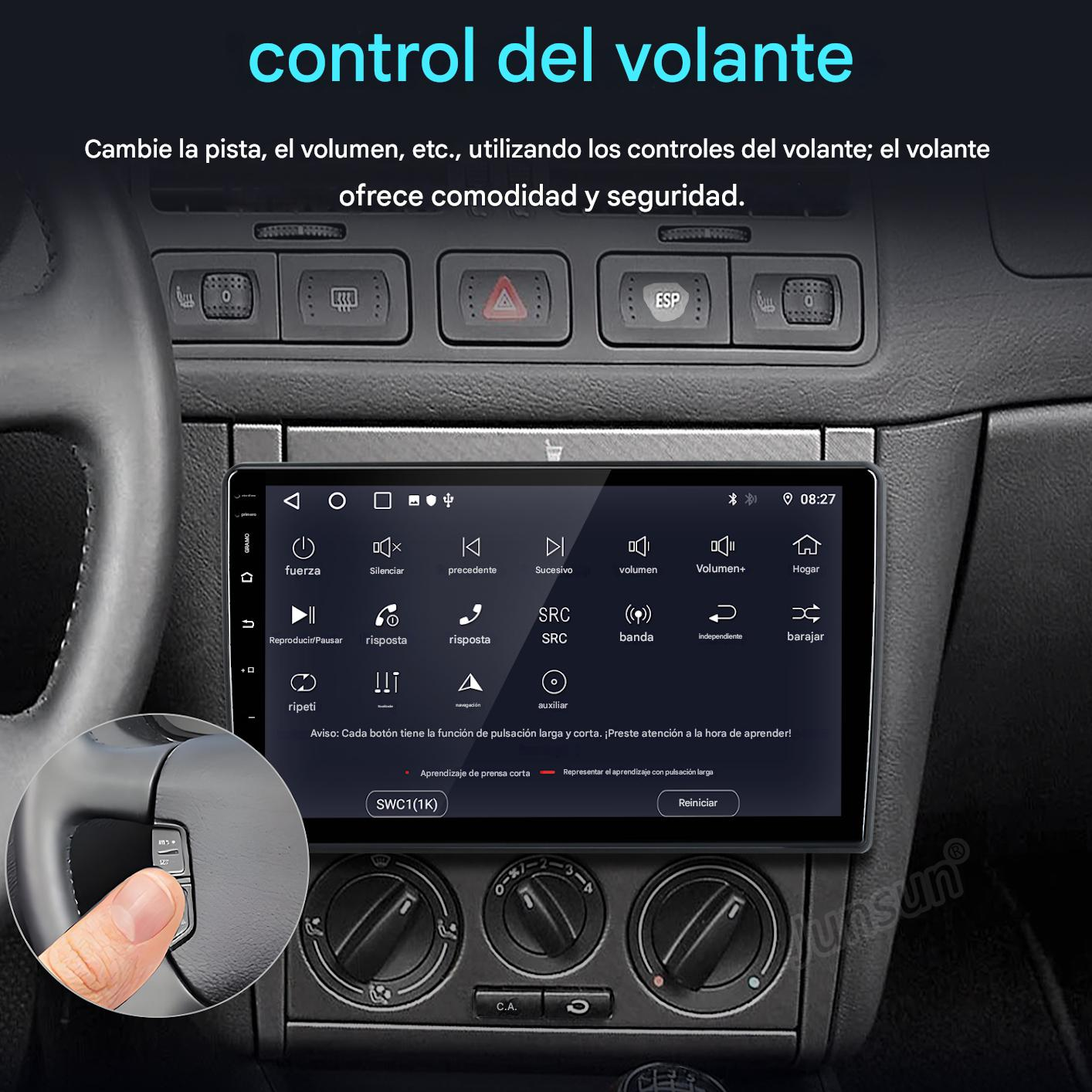 Panel del coche con pantalla táctil, mano en el control del volante. Botones para control de audio y ajustes del coche.
