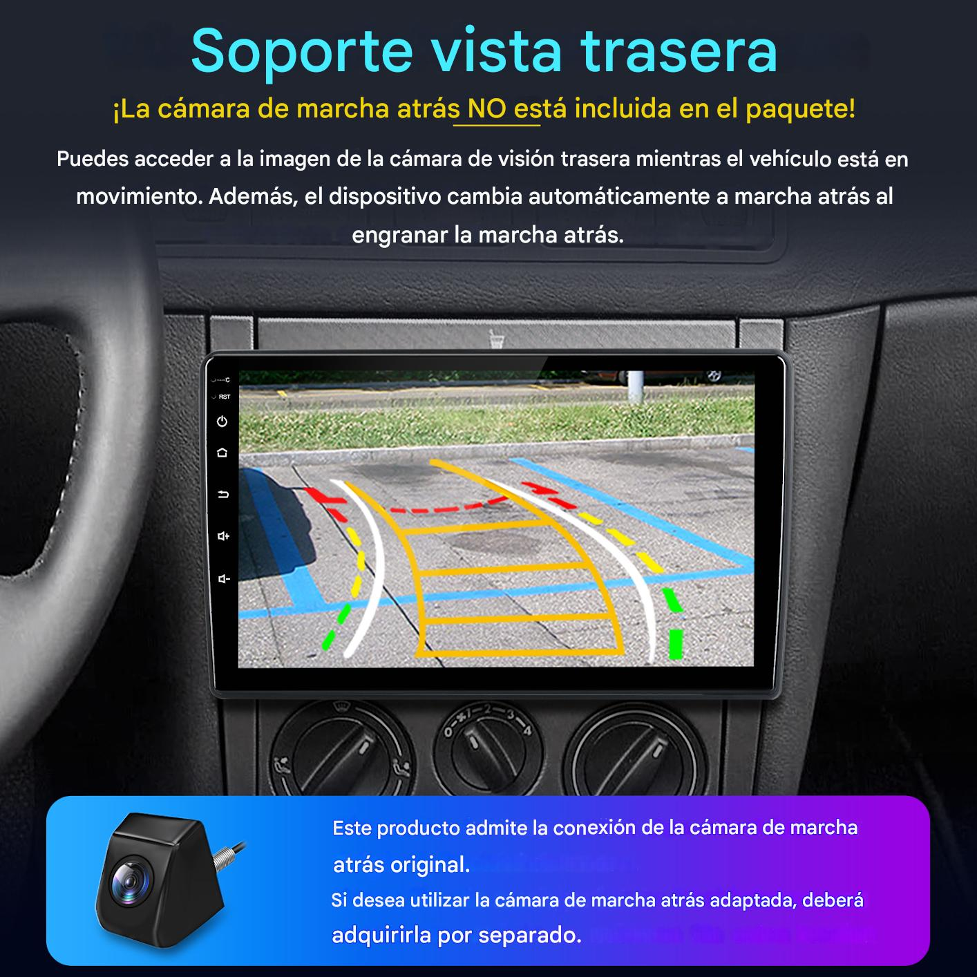 Panel del coche con pantalla y líneas de estacionamiento, cámara pequeña. Texto español sobre cámara trasera.