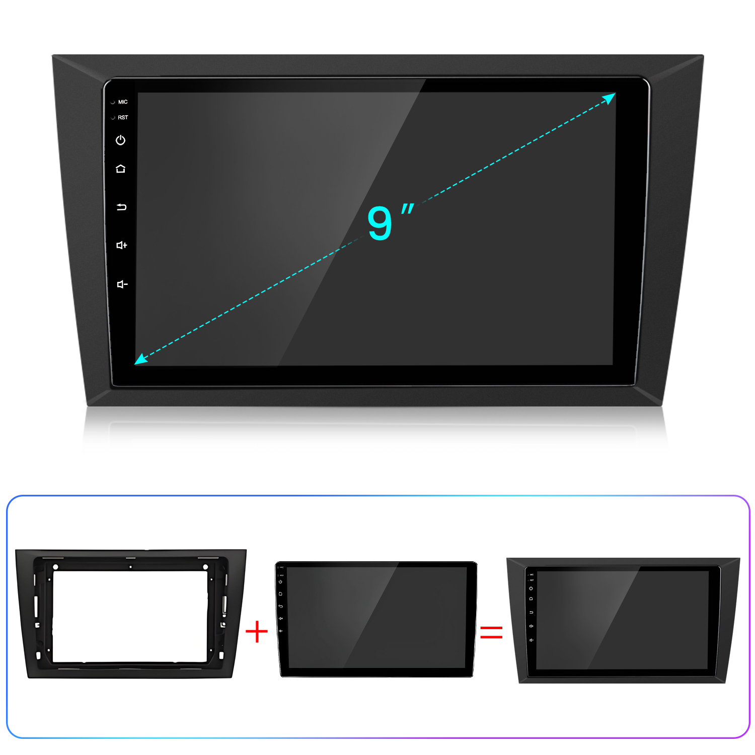 Una pantalla de radio de coche con pantalla de 9 pulgadas. Incluye marco, pantalla y botones. Hay tres etapas en la parte inferior.