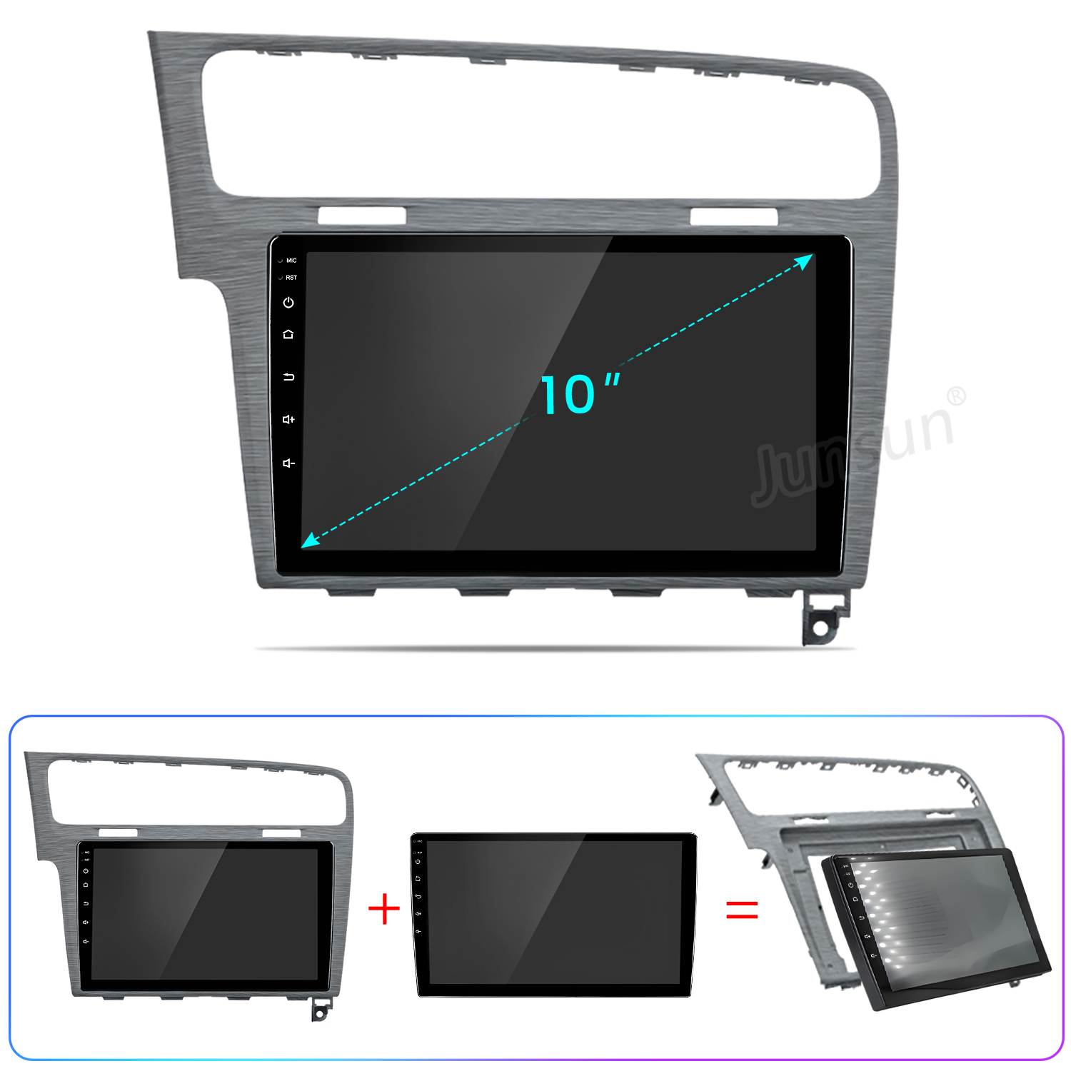 È mostrato un stereo per auto con schermo da 10". Viene mostrato assemblato e in componenti, con finiture grigio chiaro.