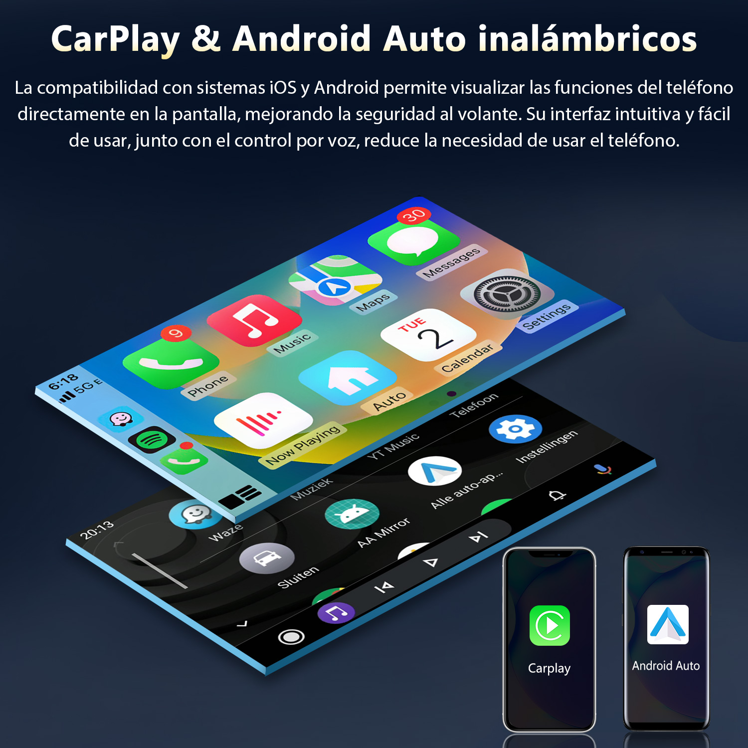 Pantallas de teléfonos inteligentes mostrando interfaces CarPlay y Android Auto. Iconos de aplicaciones. Dos teléfonos abajo.