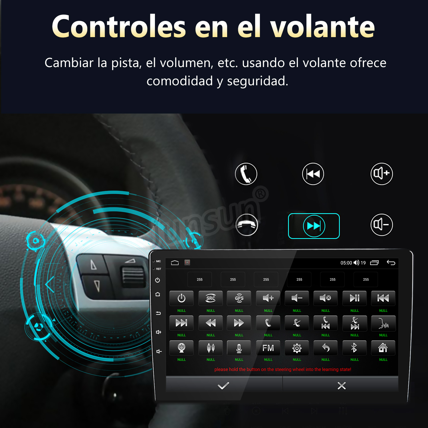 Imagen muestra controles del coche en el volante, con pantalla mostrando opciones. Texto en español, 'Controles en el volante'.