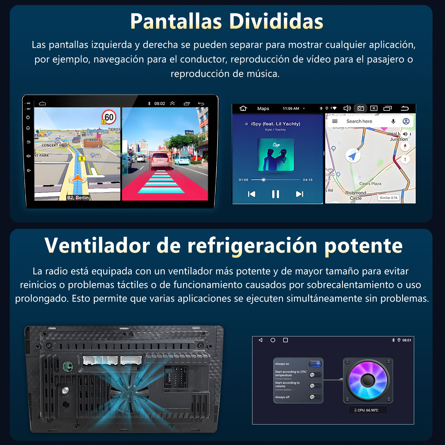 Radio de coche con pantallas divididas que muestran navegación y música. Ventilador visible, con temperatura mostrada.