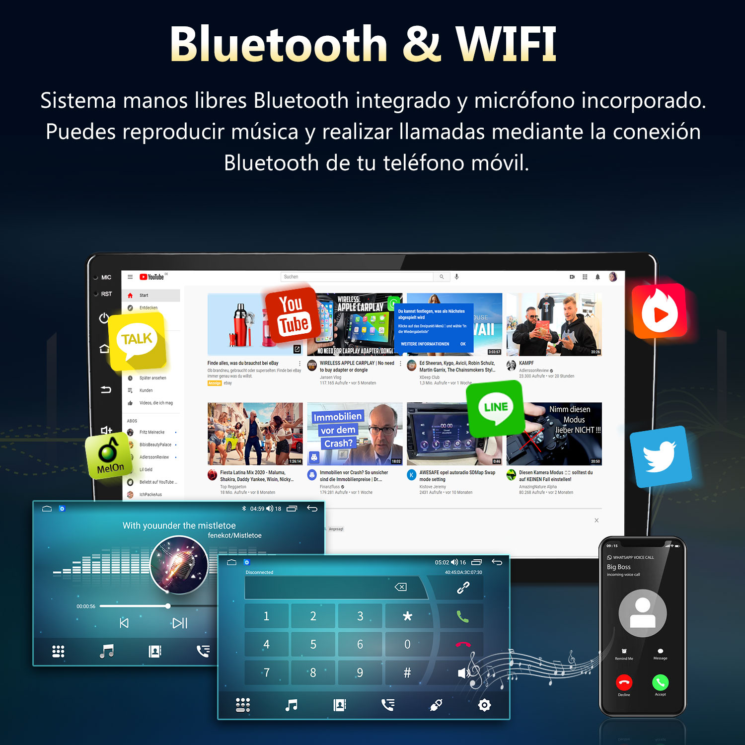 Un sistema multimedia para automóviles muestra YouTube, reproductor de música e interfaz de llamadas.