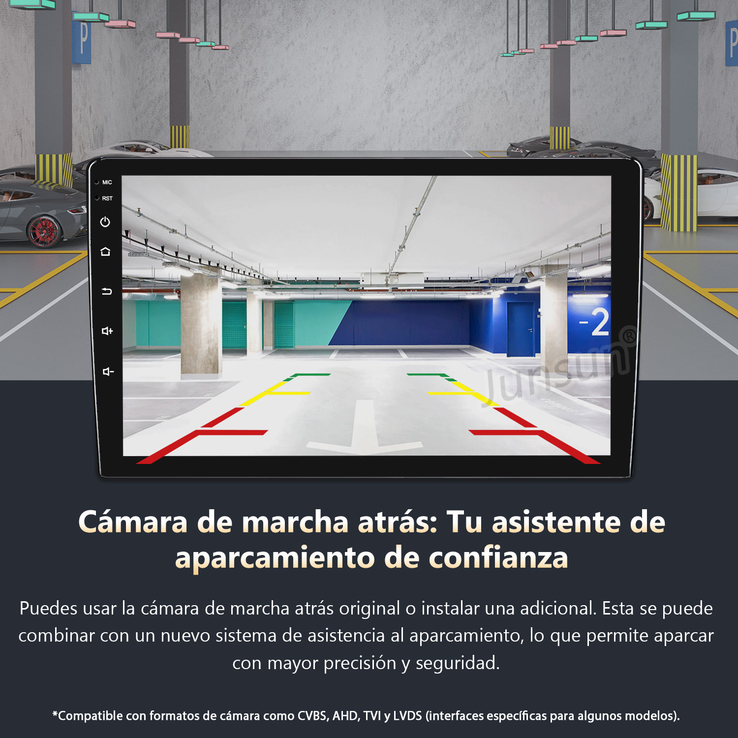 Pantalla de un sistema de asistencia al aparcamiento que muestra la vista de un garaje. La pantalla también muestra líneas de aparcamiento.