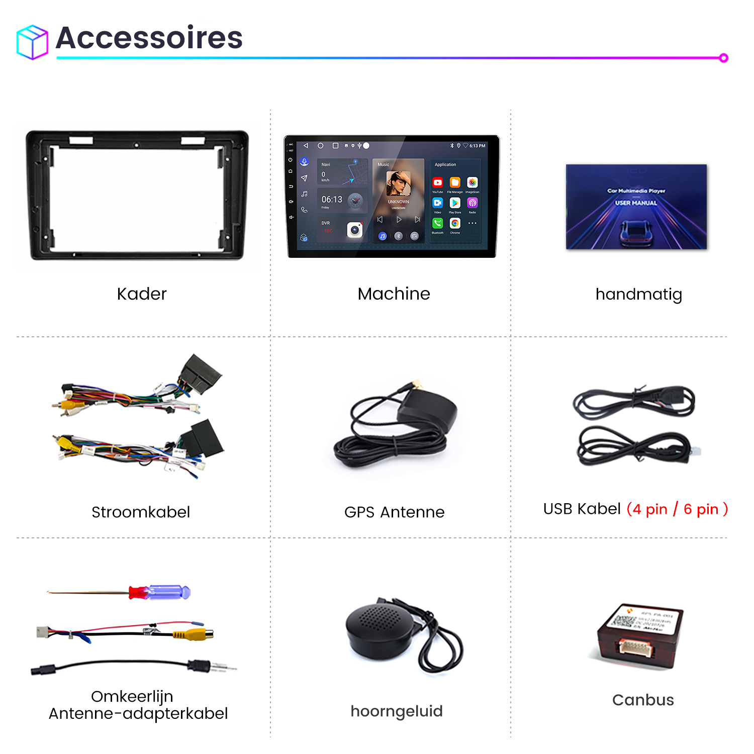 La imagen muestra accesorios para automóviles: un marco, una máquina, un manual, cables, antena, cable USB, cable adaptador, altavoz y Canbus.