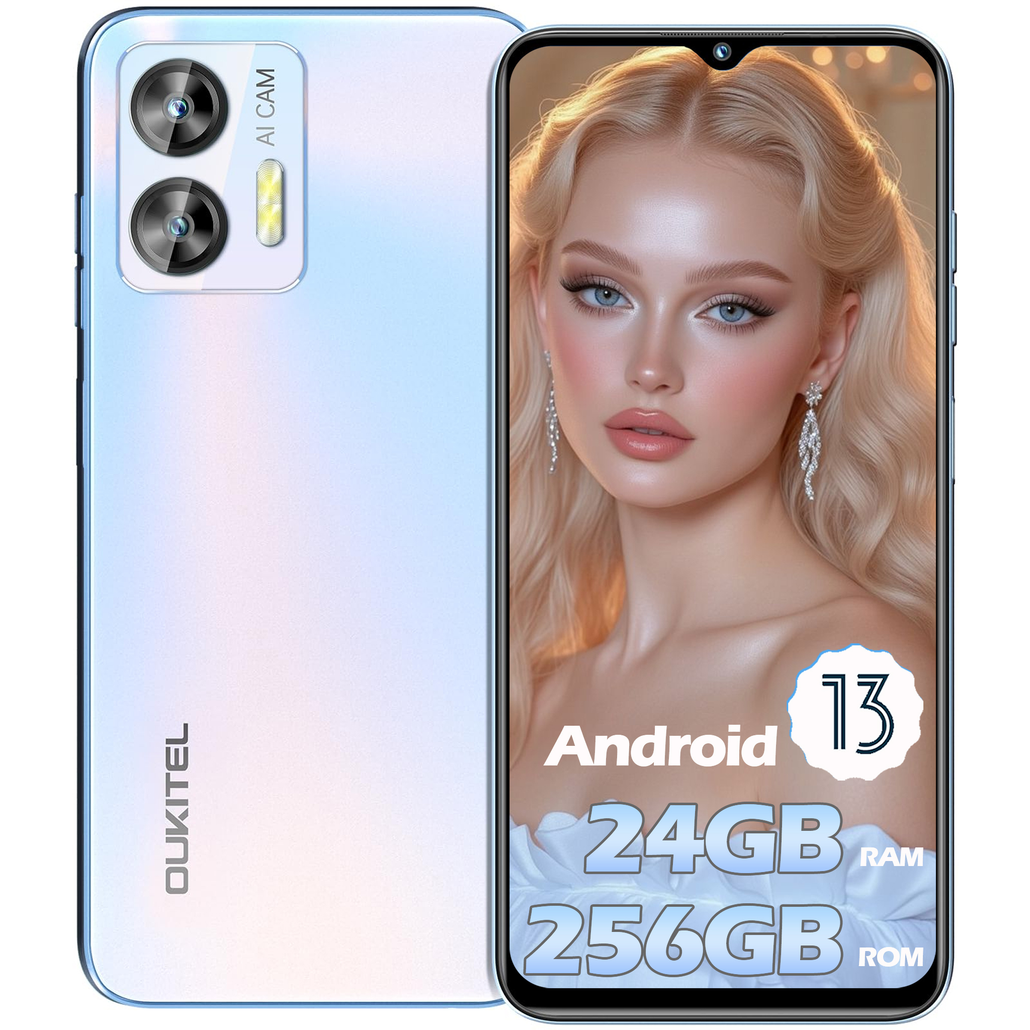 Uno smartphone con una donna sullo schermo, che pubblicizza Android 13, 24 GB di RAM e 256 GB di ROM.