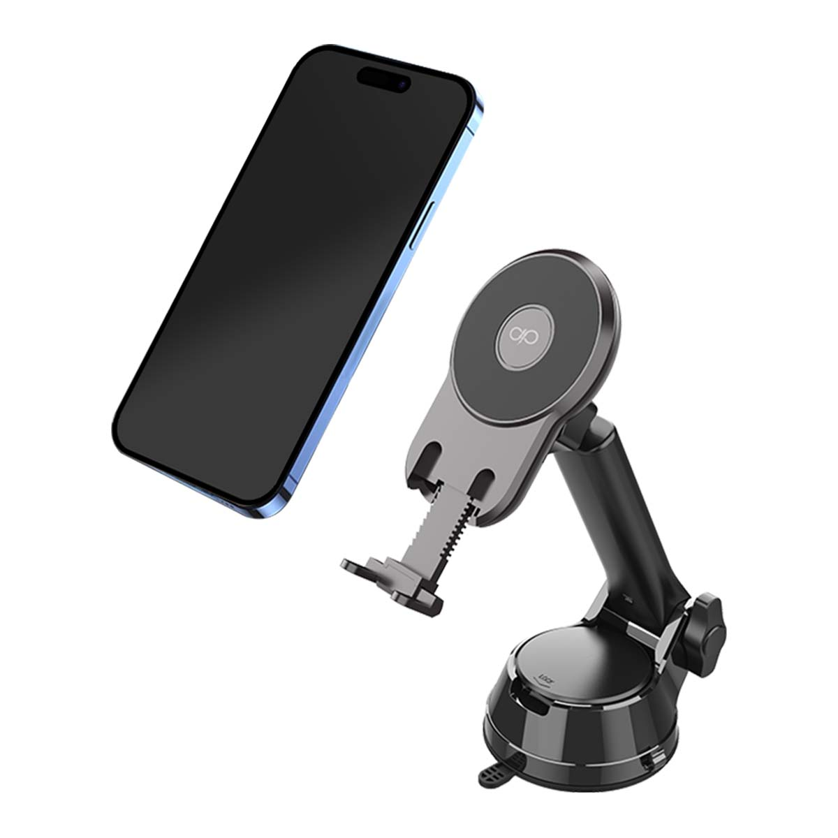 Se muestran un smartphone y un soporte para teléfono de coche. El teléfono es negro con un contorno azul. El soporte es negro y gris.