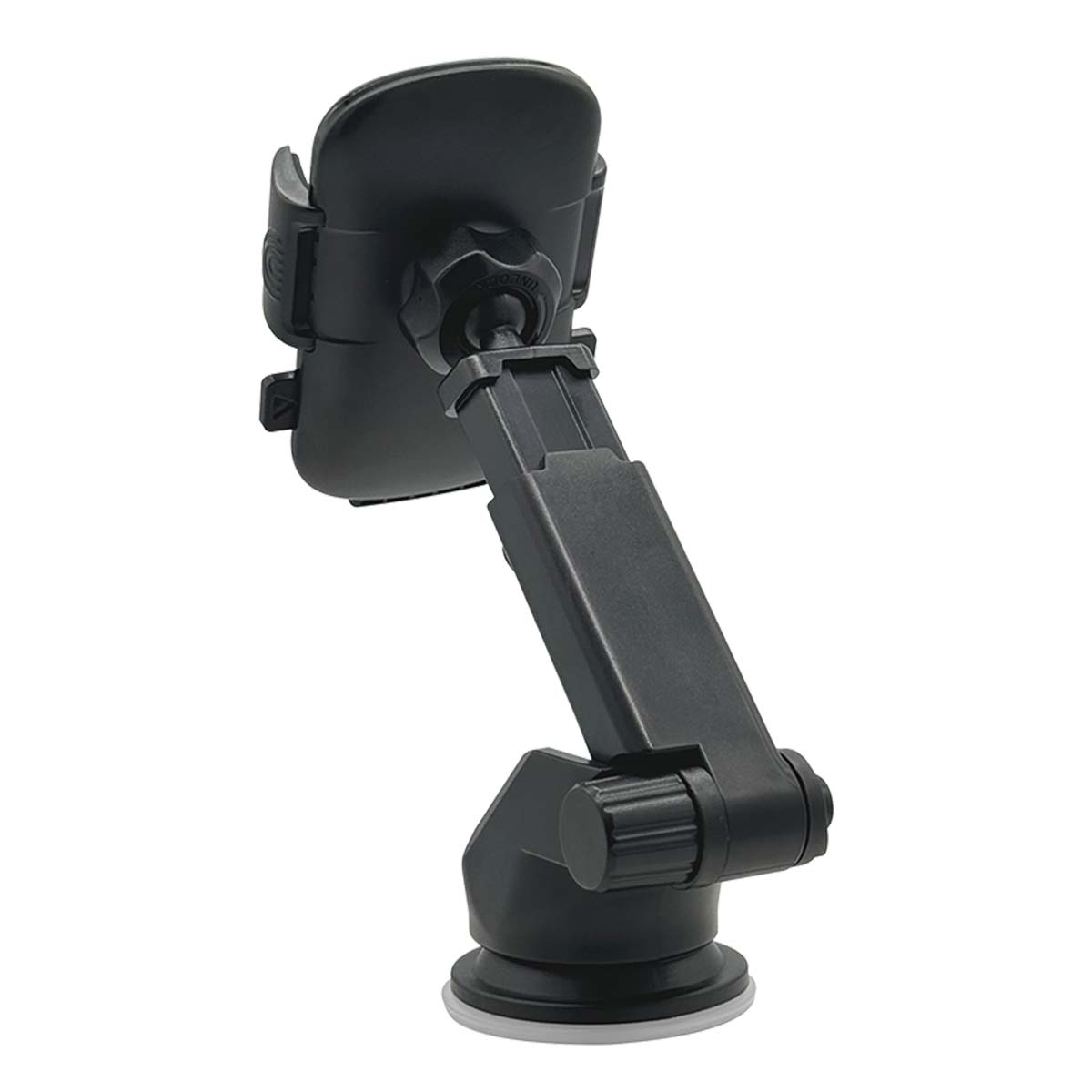 Un soporte negro para teléfono de coche sobre fondo blanco. Tiene una base de ventosa, un brazo ajustable y una cuna para teléfono.