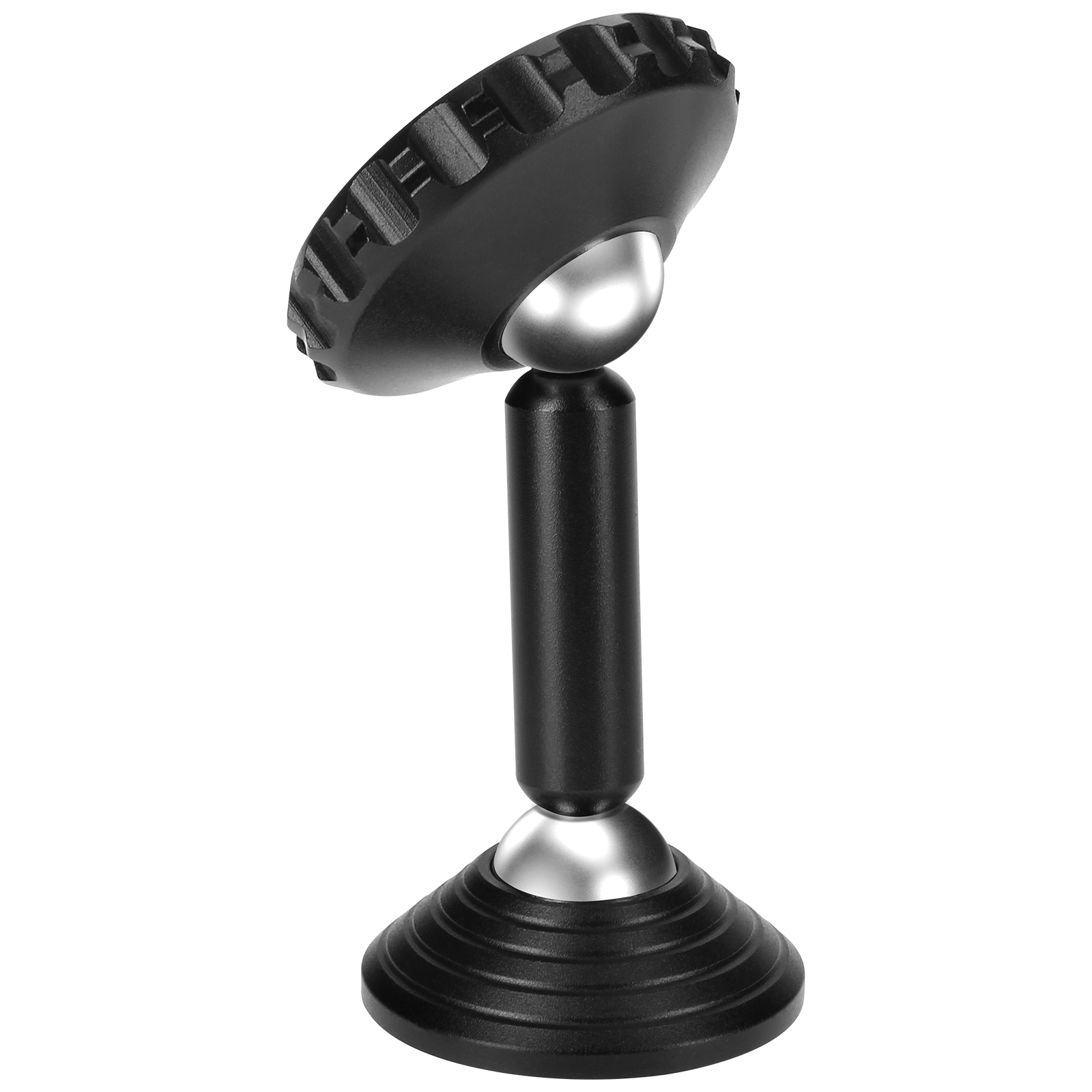 Un supporto per telefono nero con parte superiore e base rotonde, collegato da uno stelo verticale e giunti sferici argentati.