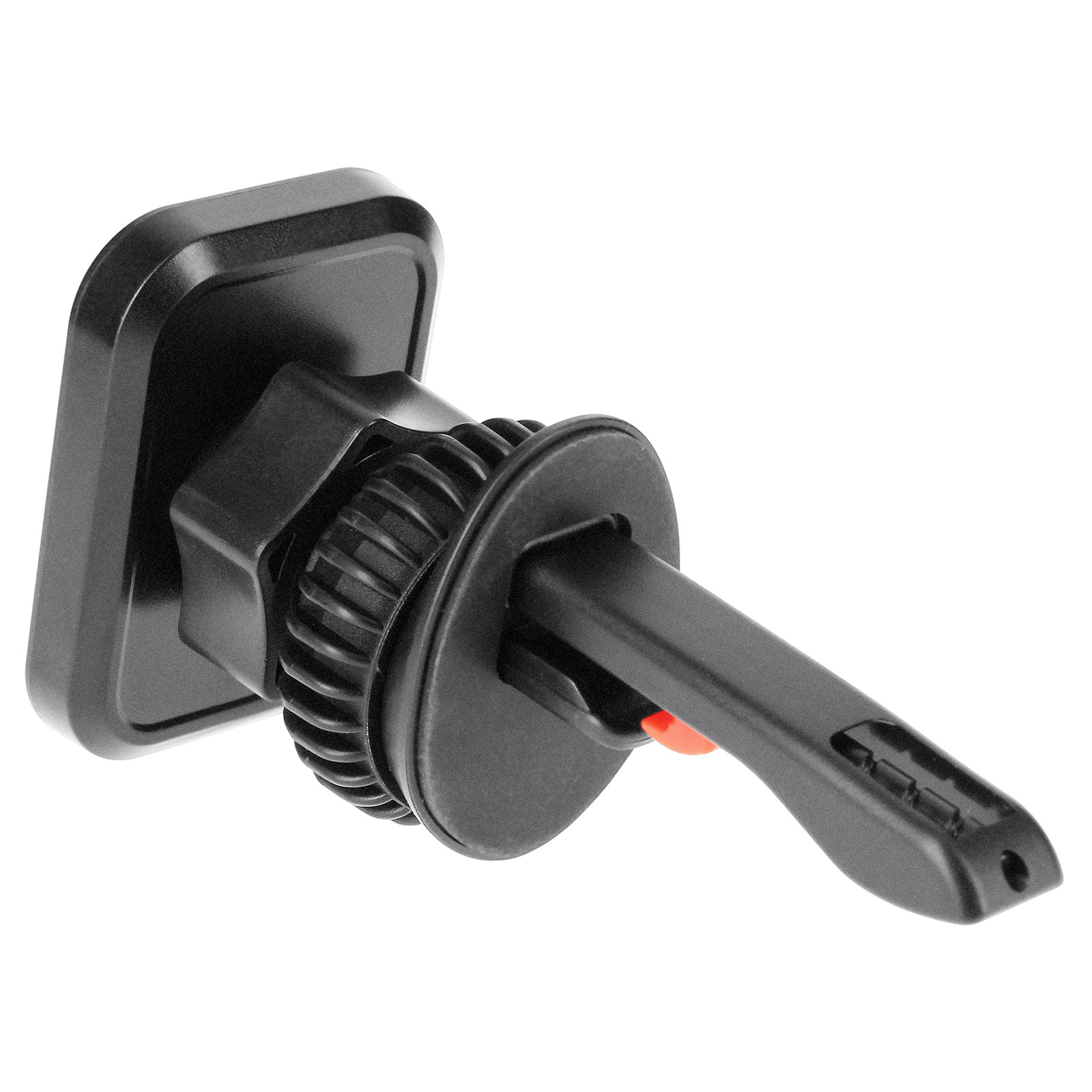Supporto nero per telefono da auto. Ha una base quadrata, una ruota a coste e un braccio con un pulsante rosso.