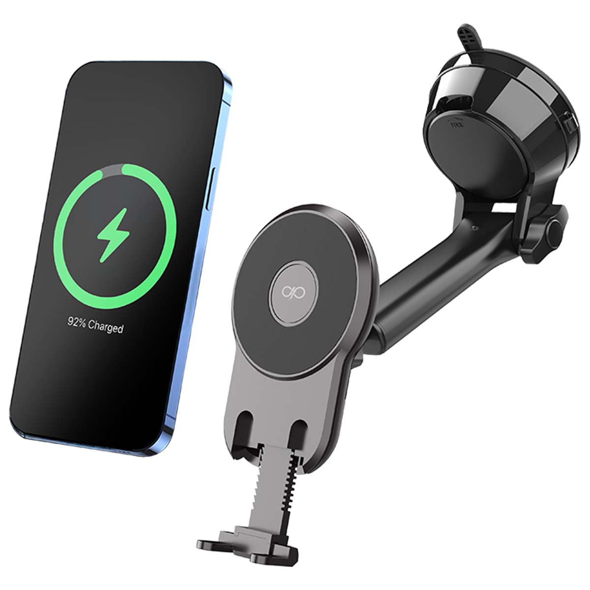Un teléfono muestra 92% cargado, símbolo de carga. Un soporte para teléfono de coche está a la derecha.