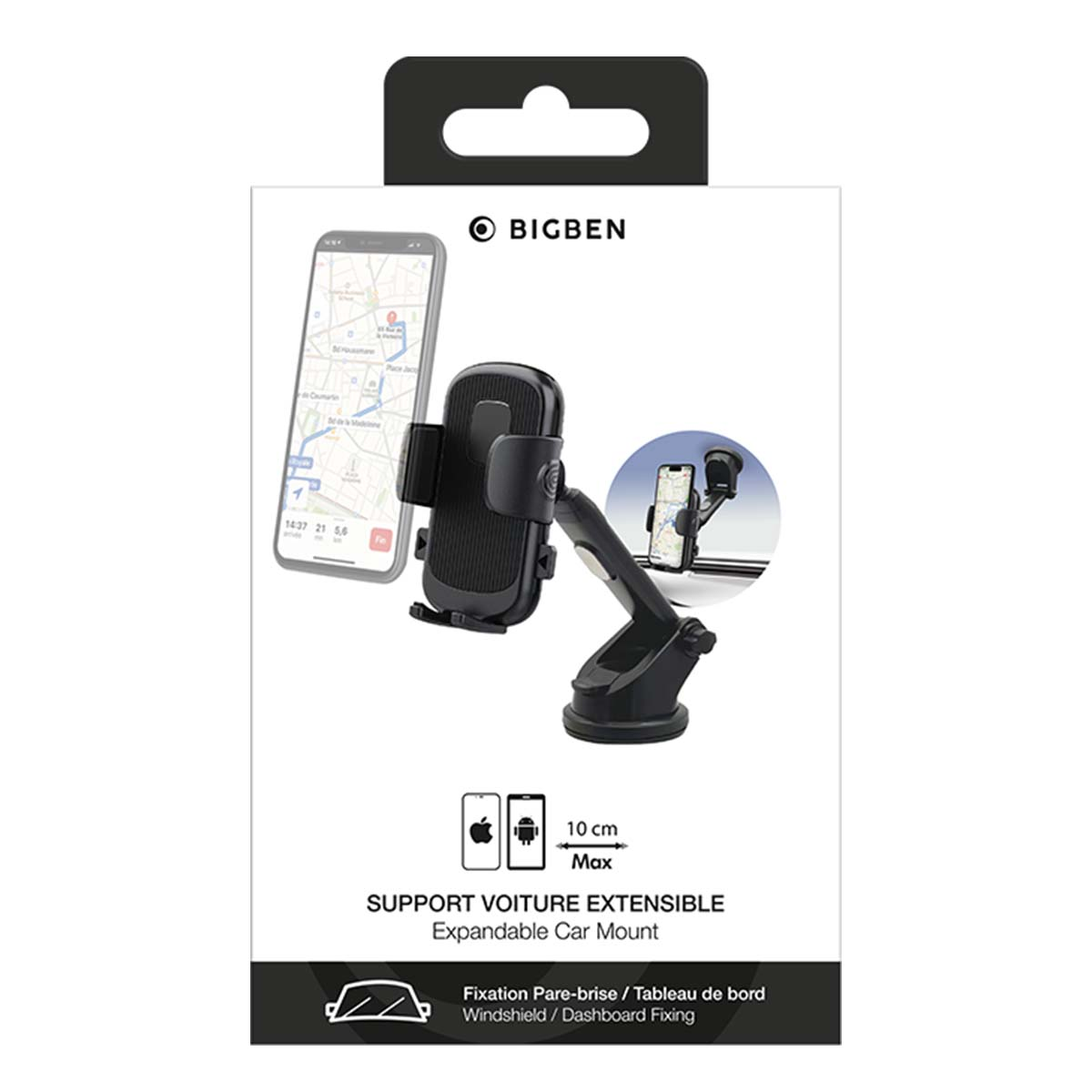 Una caja de soporte para teléfono de coche con un teléfono que muestra un mapa y el producto en sí. El texto dice 'Expandable Car Mount' y 'BIGBEN'.