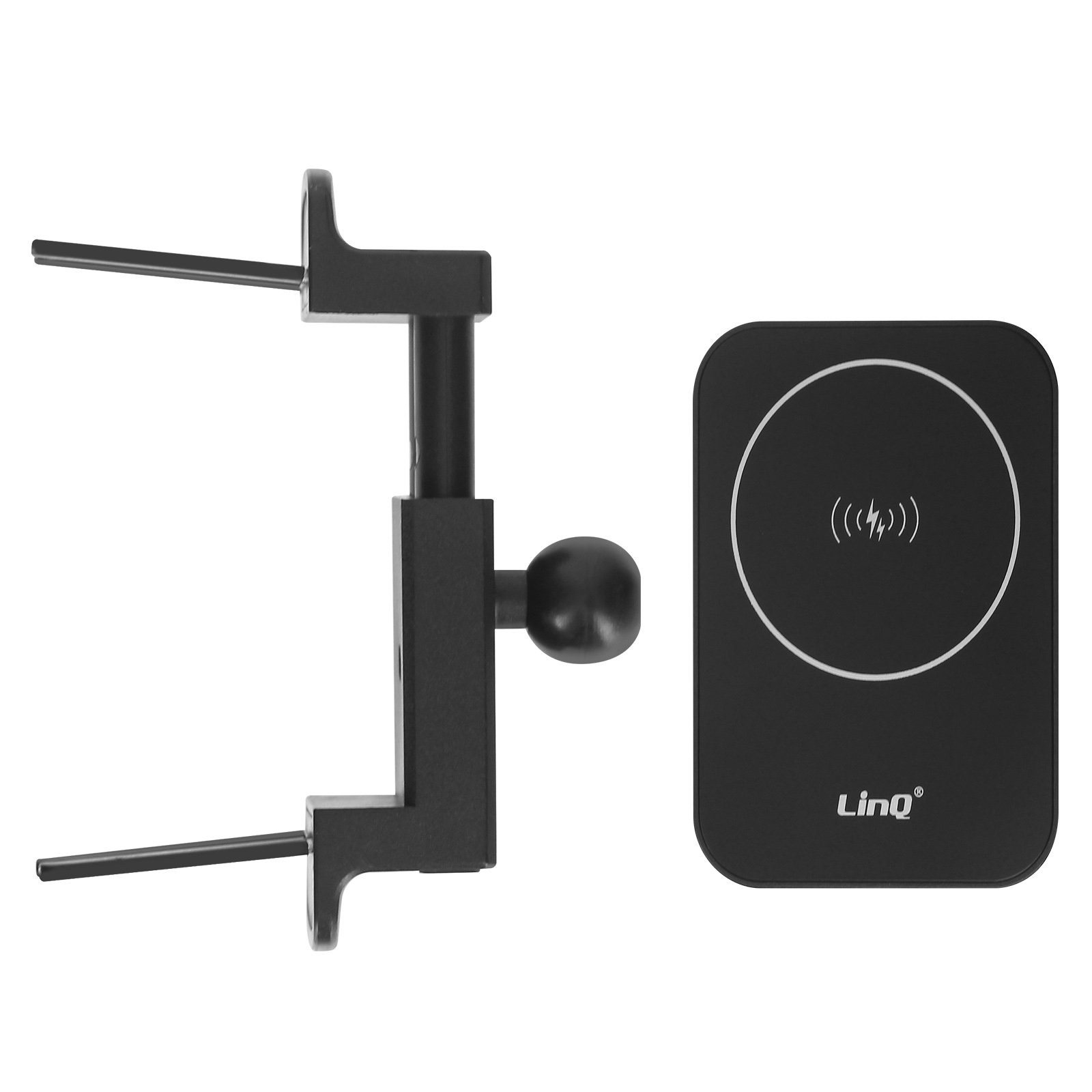 Supporto per telefono nero e caricatore wireless su bianco. Il supporto ha delle barre. Il caricatore ha il simbolo di ricarica e il logo Linq.