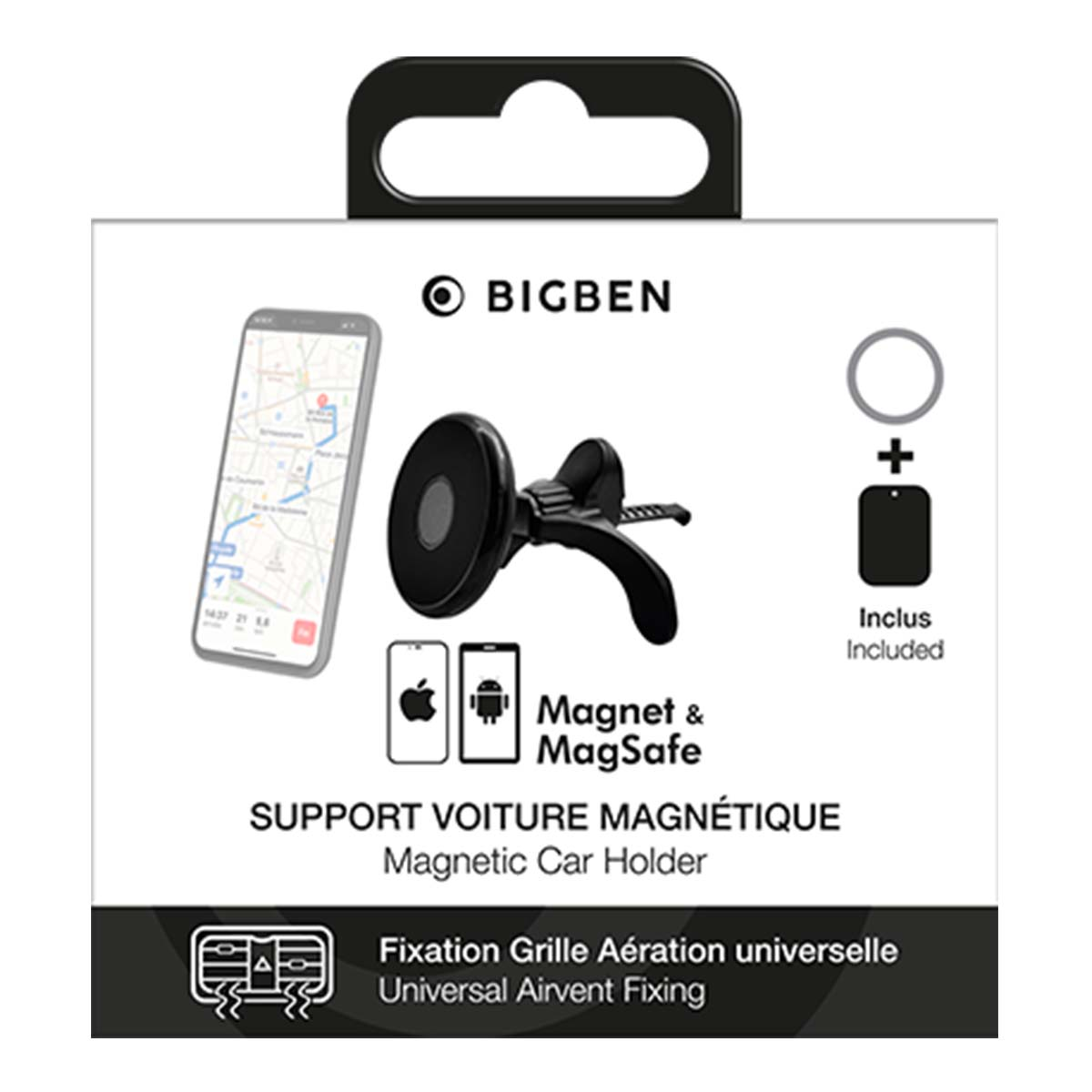 Una scatola per supporto per telefono da auto. Presenta un telefono, un supporto e testo in inglese e francese. Il marchio è BIGBEN.