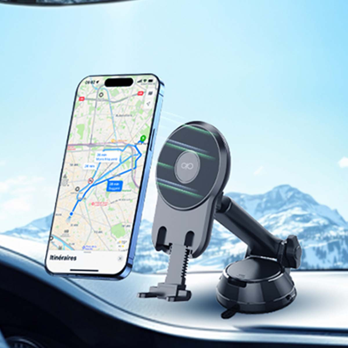 Un teléfono que muestra un mapa está montado en el salpicadero de un coche. También hay un soporte magnético para teléfono.