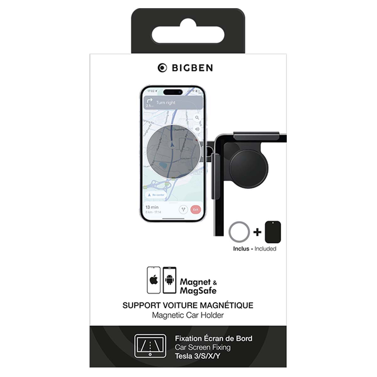 Soporte para teléfono de coche en caja con teléfono que muestra navegación. Incluye soporte, signo más y cuadrado pequeño. Texto: Magnet & MagSafe.