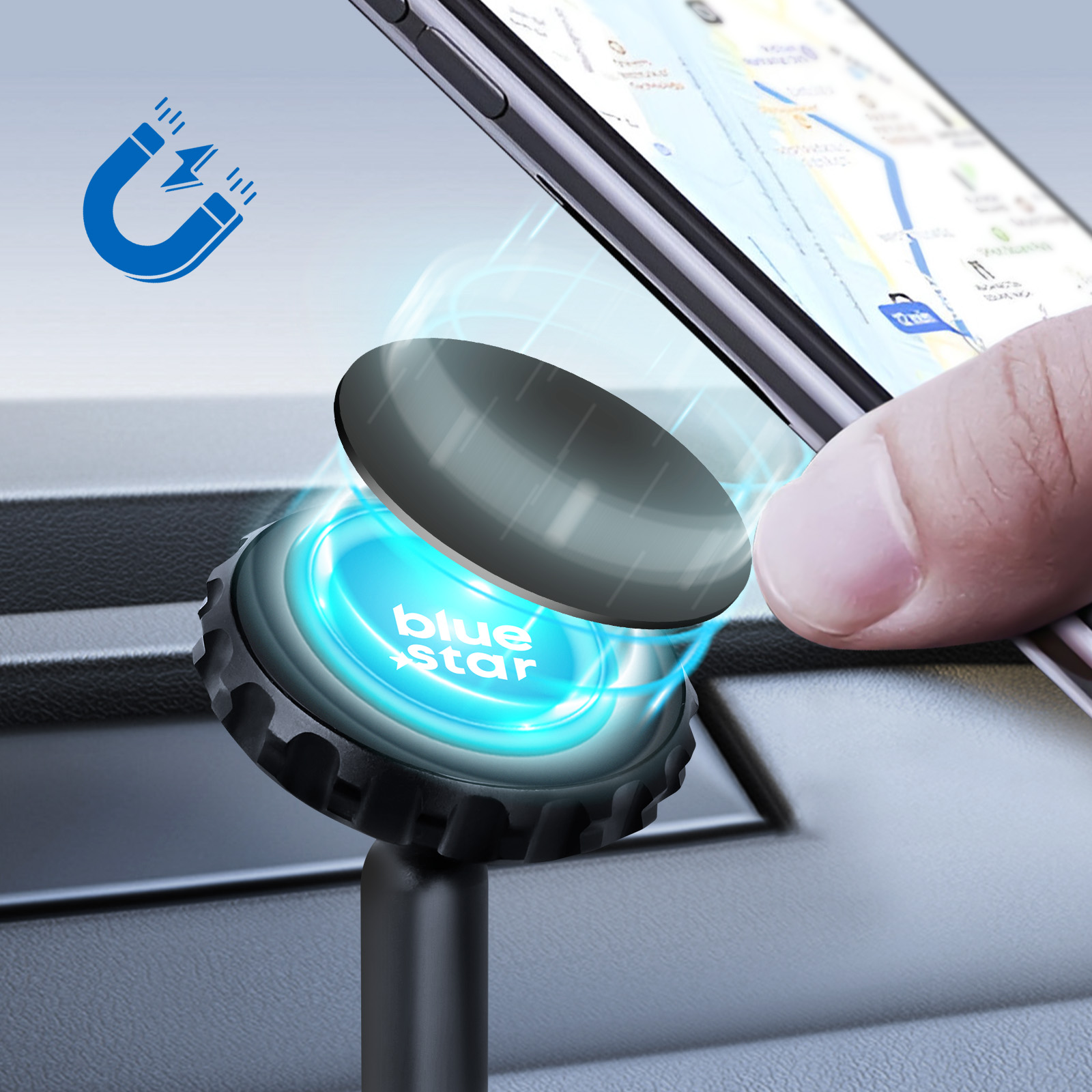 Un telefono è tenuto su un supporto per auto. Il supporto ha una luce blu e le parole 'blue star'. Un simbolo magnetico è visibile.