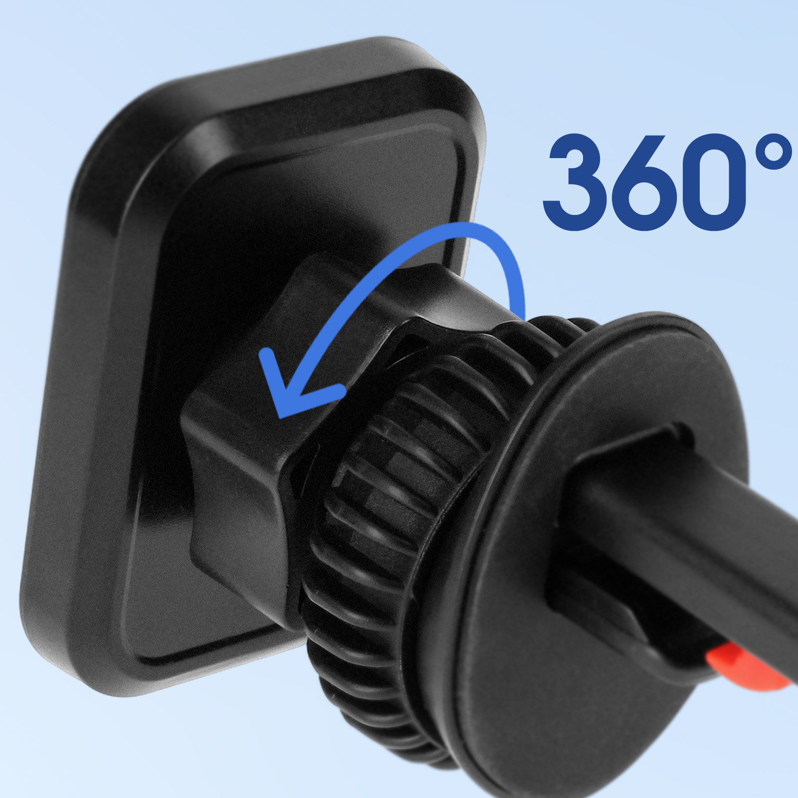 Supporto per telefono da auto nero con rotazione a 360 gradi. Freccia blu indica la rotazione. Sfondo sfumato blu.