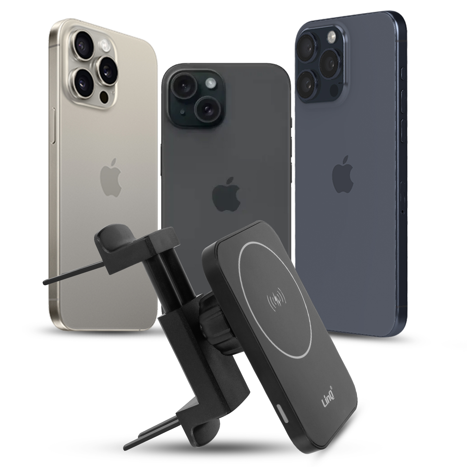 Tre iPhone e un supporto per telefono da auto. I telefoni sono oro, neri e blu. Il supporto è nero con un pad di ricarica wireless.