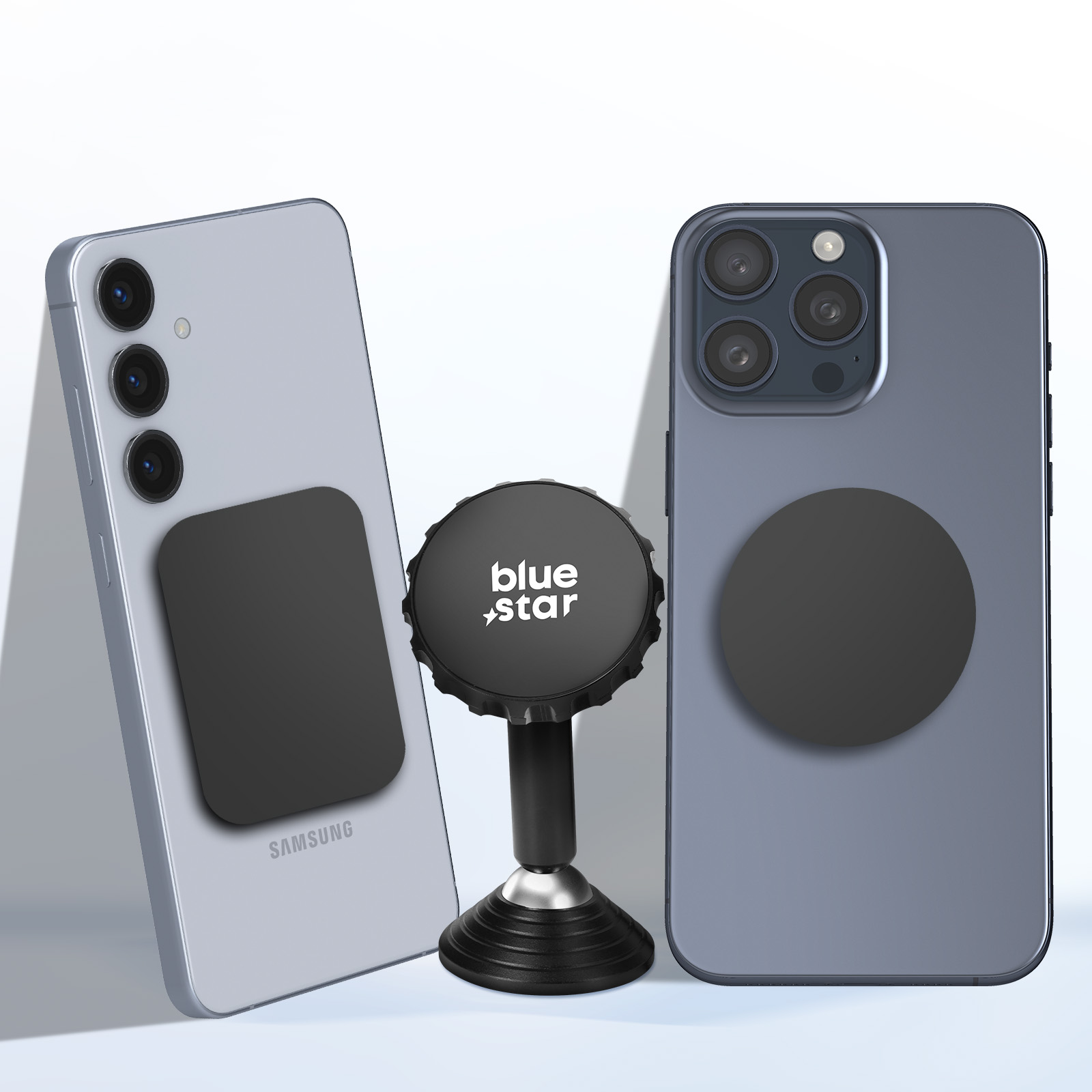 Due telefoni, un Samsung e un iPhone, con attacchi magnetici neri. Un supporto per telefono Blue Star è al centro.