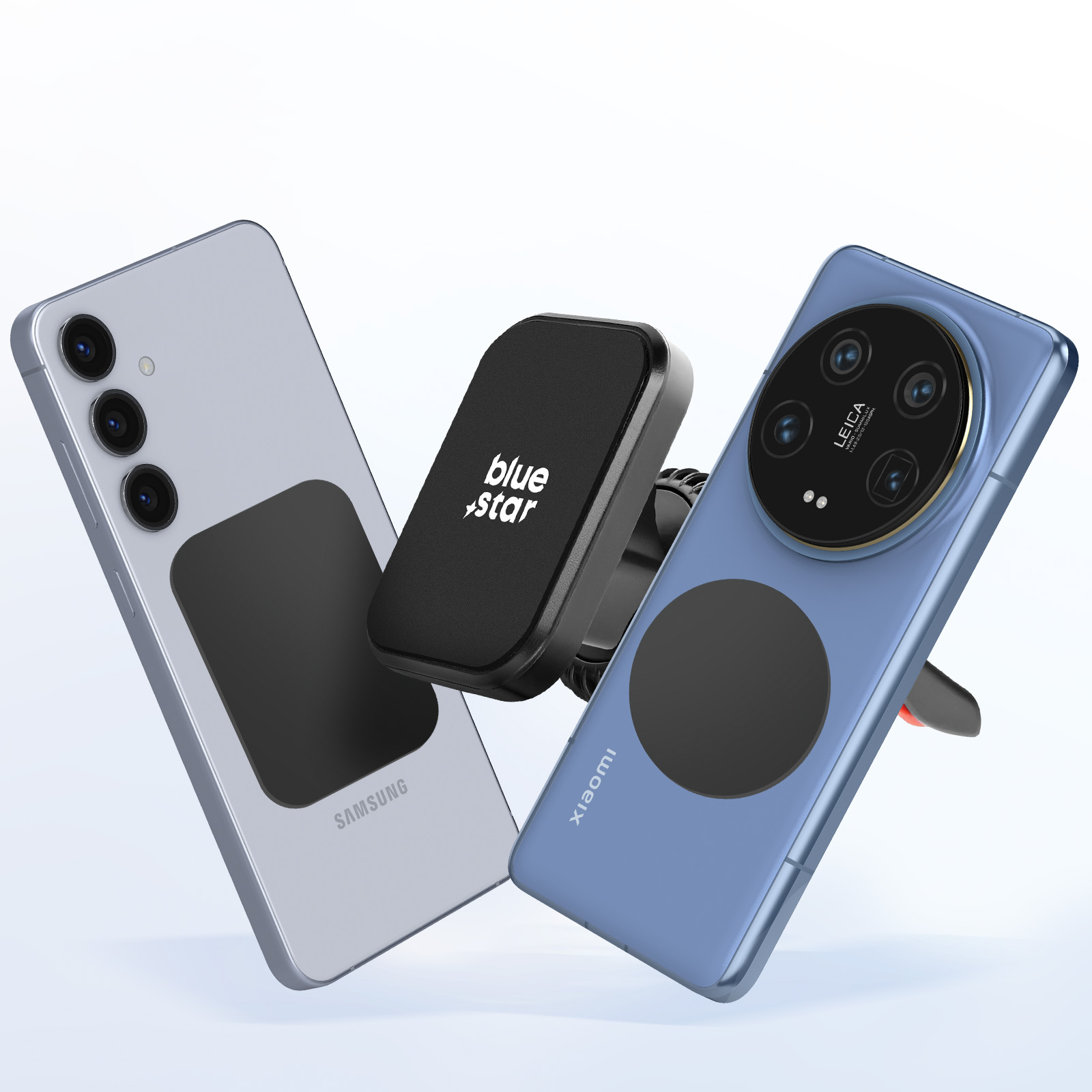 Tre smartphone, un Samsung grigio chiaro e uno Xiaomi blu, con un supporto per telefono nero in mezzo. I telefoni hanno cerchi neri.