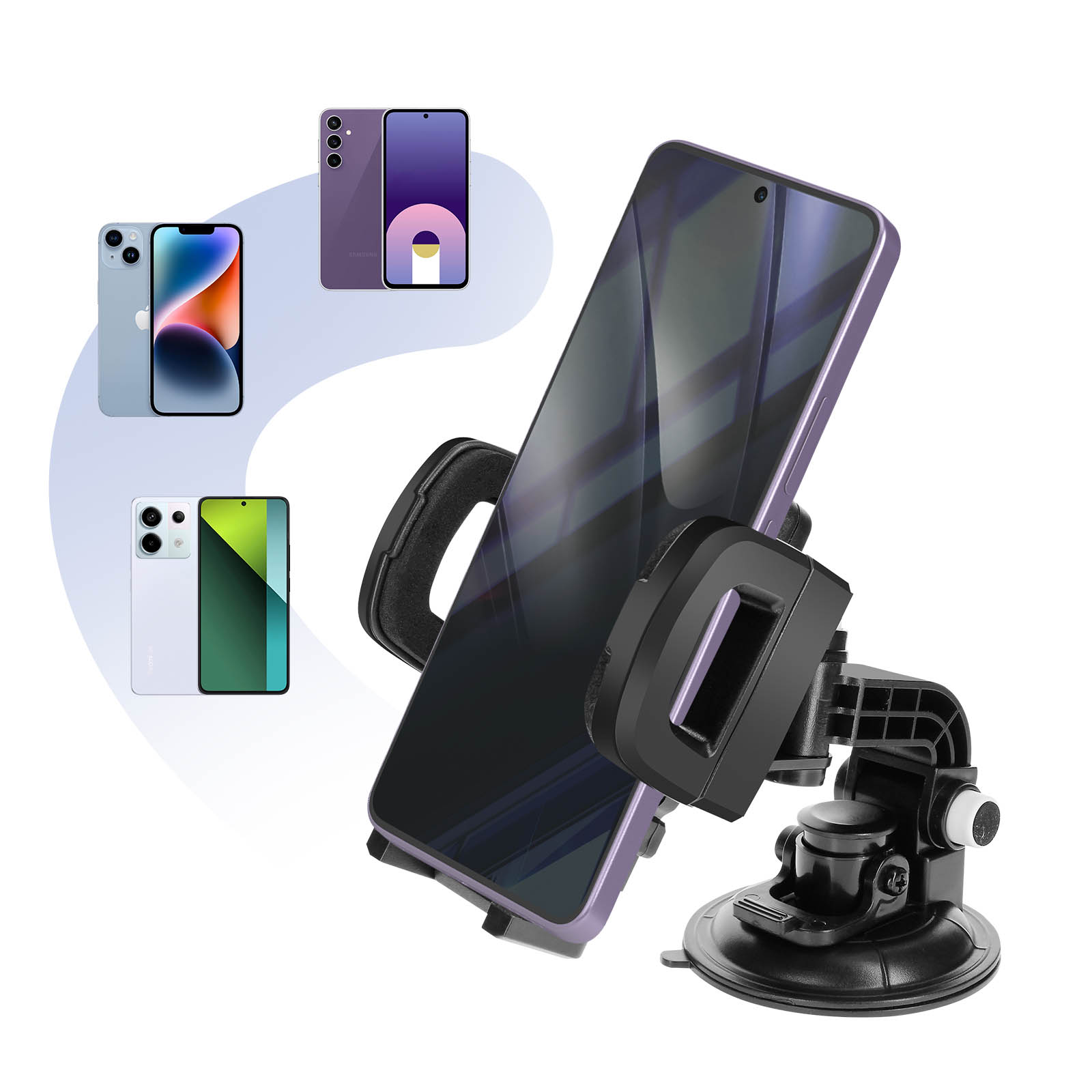 Telefonhalter mit Telefon, daneben drei weitere Telefone. Der Halter ist schwarz, das Telefon lila.