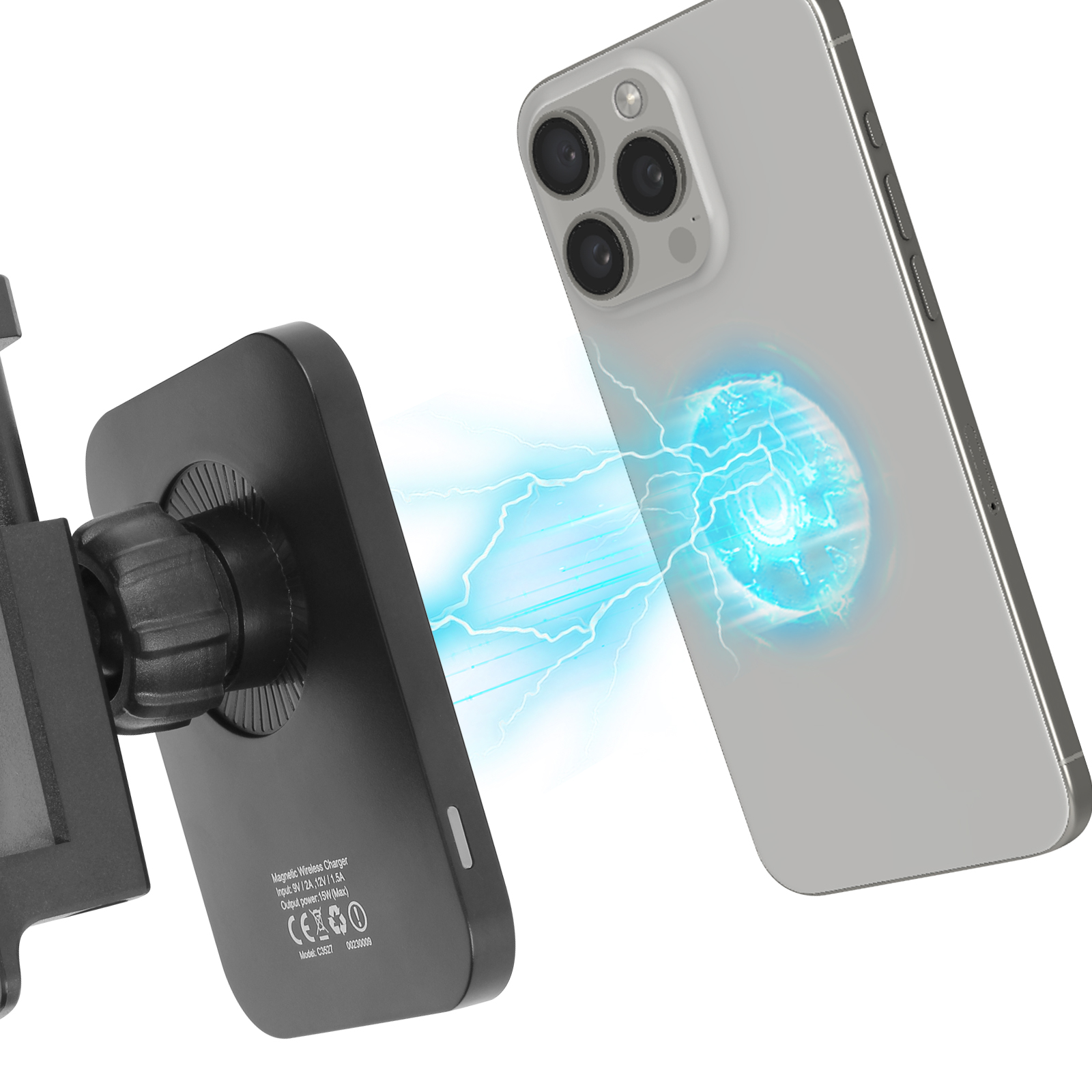 Un telefono si ricarica in modalità wireless. Un caricatore nero è collegato a un telefono. L'energia blu lampeggia tra loro.