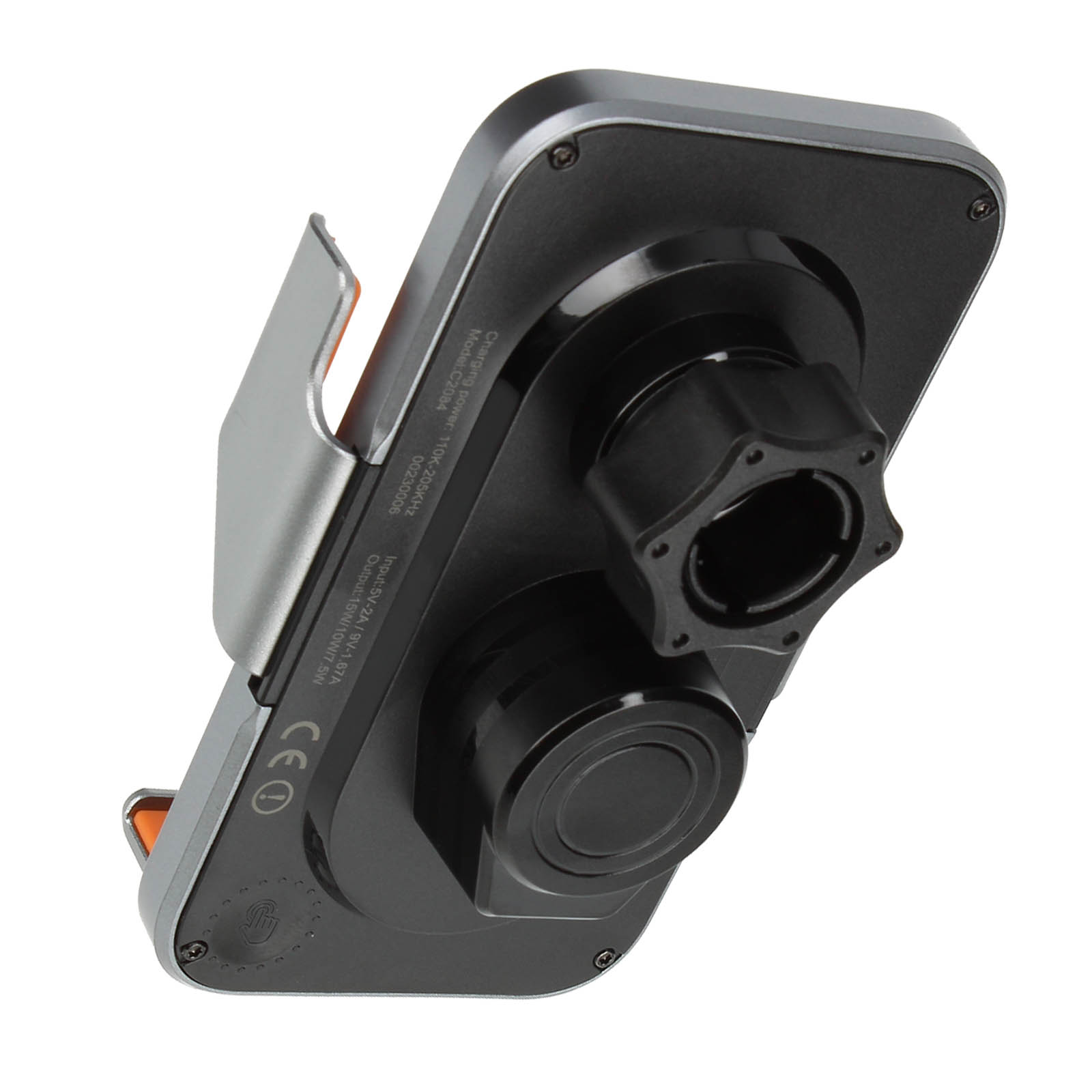 È mostrato un supporto per telefono da auto, nero e grigio con accenti arancioni, su sfondo bianco.