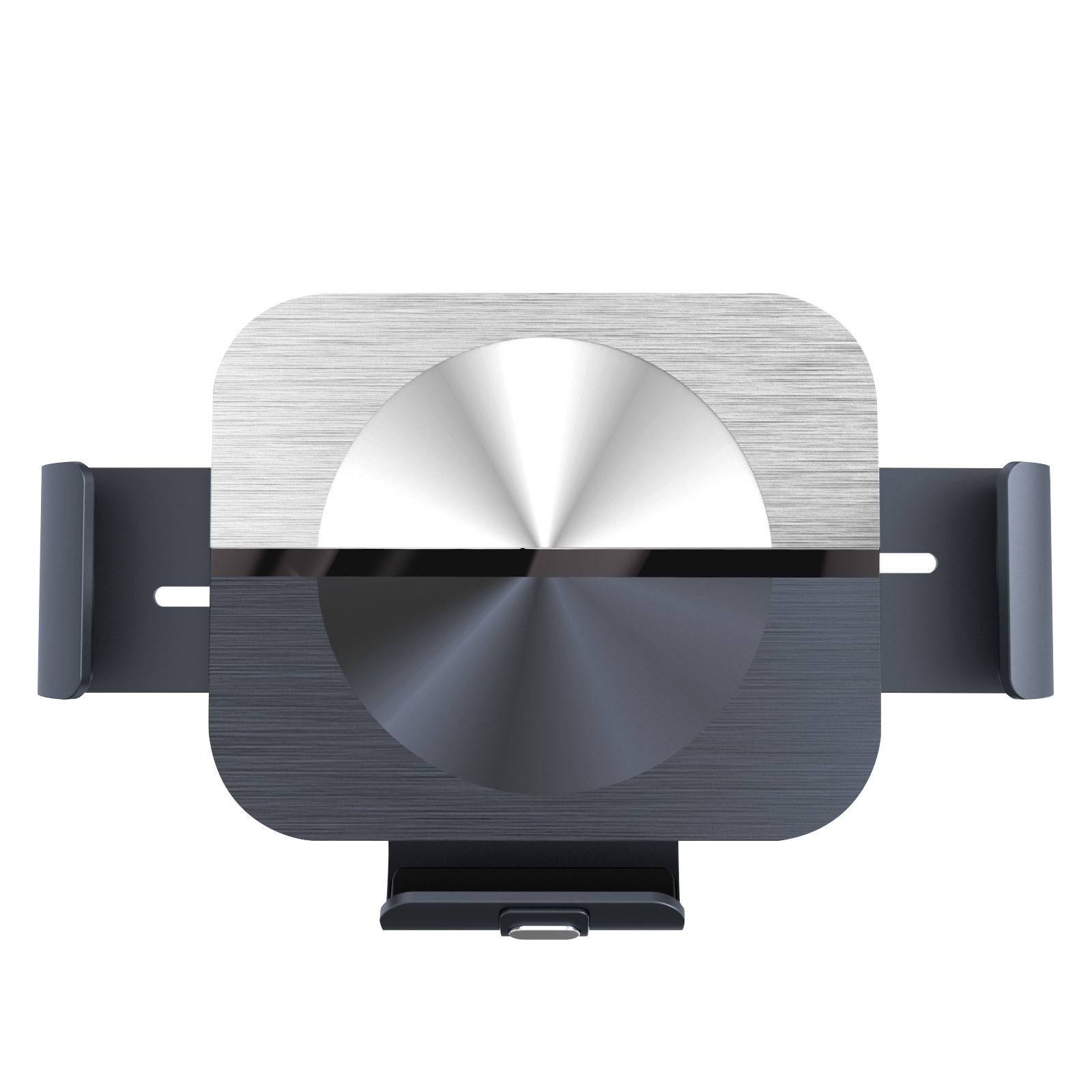 Un support de téléphone métallique, argenté et gris, avec un centre circulaire et des bras de préhension.
