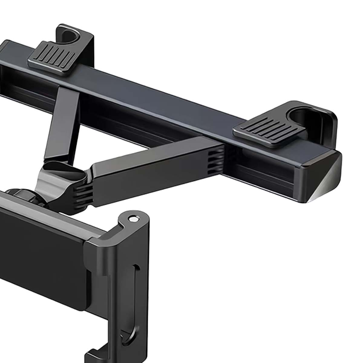 Primer plano de un soporte negro para teléfono de coche. Tiene varias partes articuladas y está hecho de plástico. El fondo es blanco.