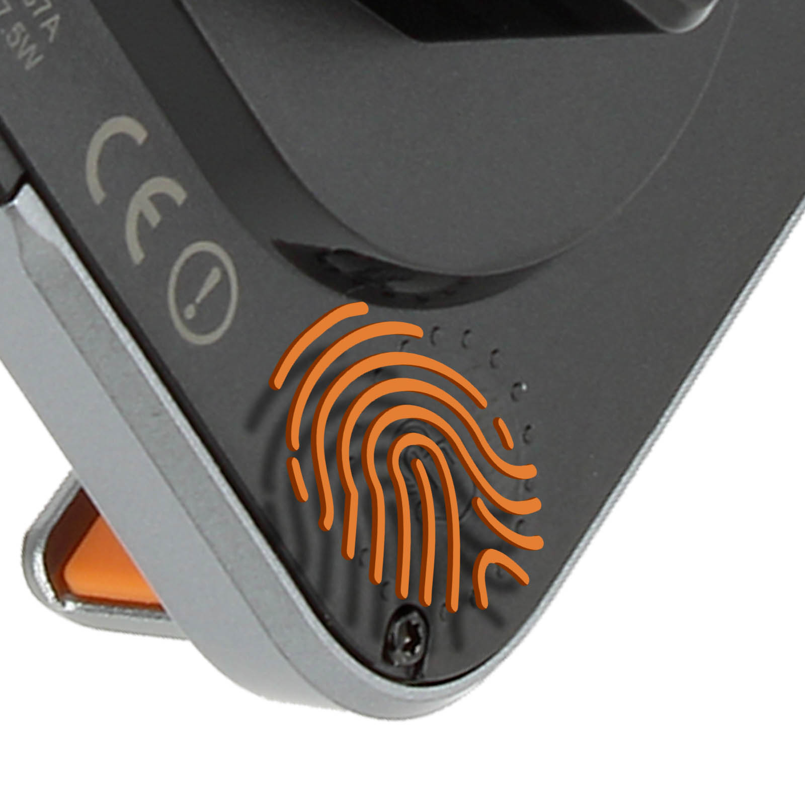 Primo piano di un dispositivo con un'icona di impronta digitale. Sono visibili dettagli come il marchio CE e una vite.