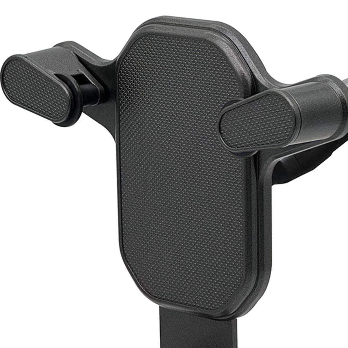 Primer plano de un soporte negro para teléfono con superficie texturizada y brazos ajustables. Parece estar hecho de plástico y diseñado para un coche.