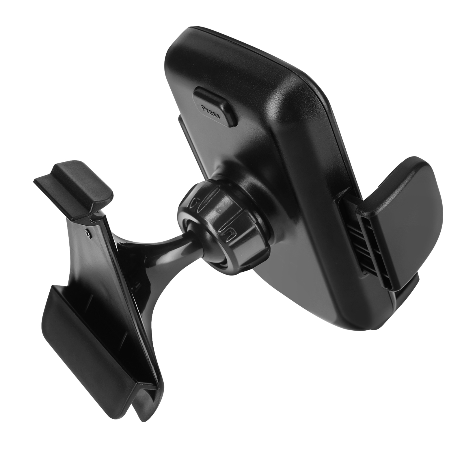 Soporte negro para teléfono de coche sobre fondo blanco. Tiene una rótula giratoria y brazos ajustables.